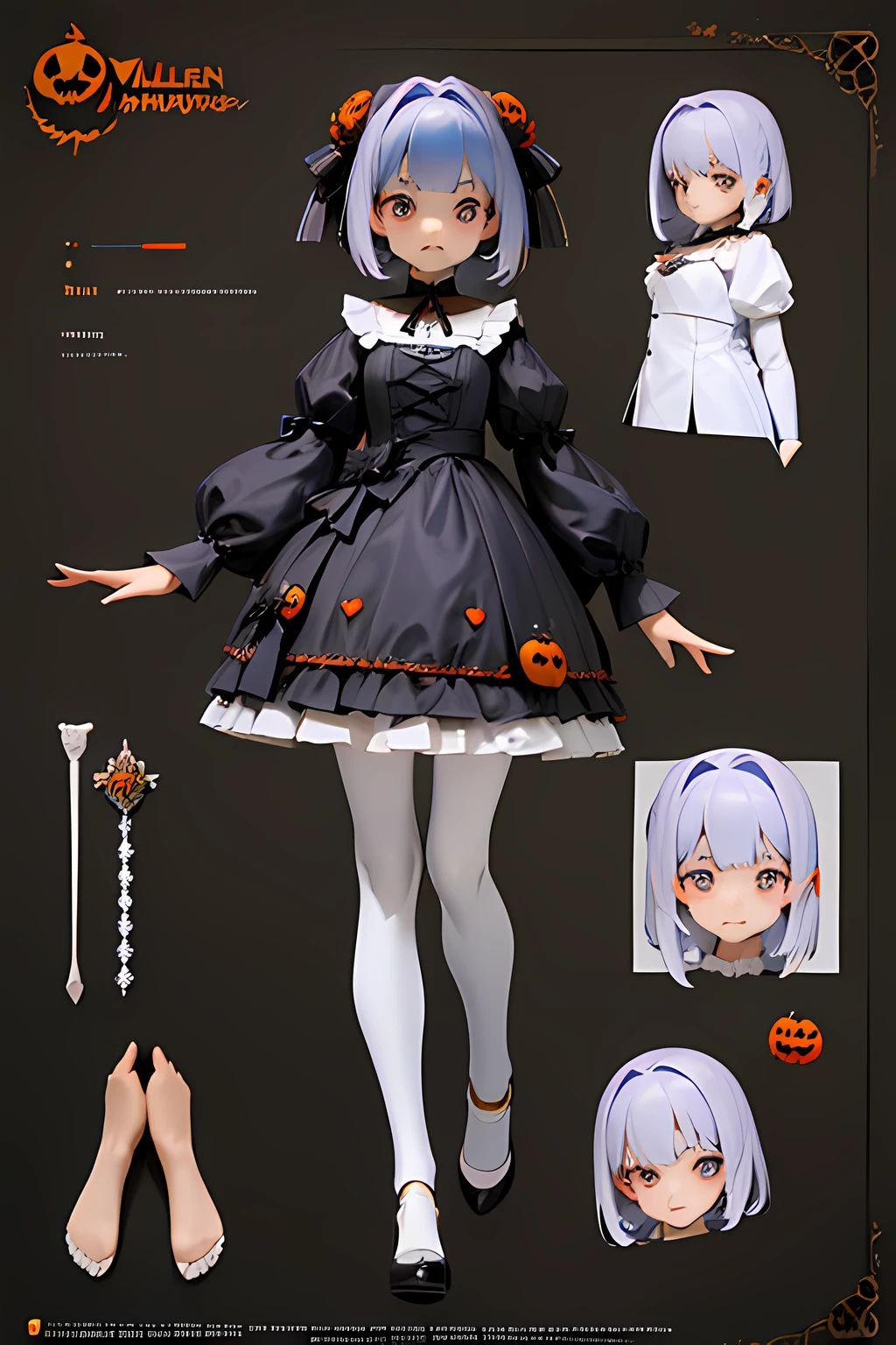 ((Masterpiece, Highest Quality)), Detailed Face, CharacterDesignSheet, full - body, Full of Details, multiple poss and expressions, Highly detailed, depth, many details,age female,fantasy style,lace tights,extremely beautiful,High balance, natural light, Halloween design, Original character design, Commercial use, Sweet girl, Halloween character design, Cute Halloween anime, Dark colors, Mysterious dark cute girl LoliHalloween, black & Orange colors, Pumpkin Axis, Upper-right corner of the camera, detailed design, Lots of interesting accessories, halloween theme, full-length character, Sweet girl, big anime eyes, 2000s anime style, cute white tights, Interesting design, black & orange dress, The girl looks directly at the camera
