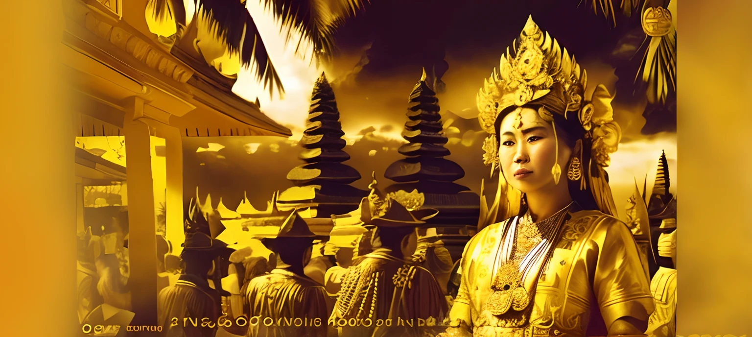 there is a statue of a woman in a golden dress, taken in 2 0 2 0, bali, indonesia national geographic, wearing ornate clothing, portrait shot, inspired by I Ketut Soki, inspiring, wearing traditional garb, indonesia, dramatic portraiture of namenlos, ancient indonesia, photo taken in 2 0 2 0, intricate gold headdress