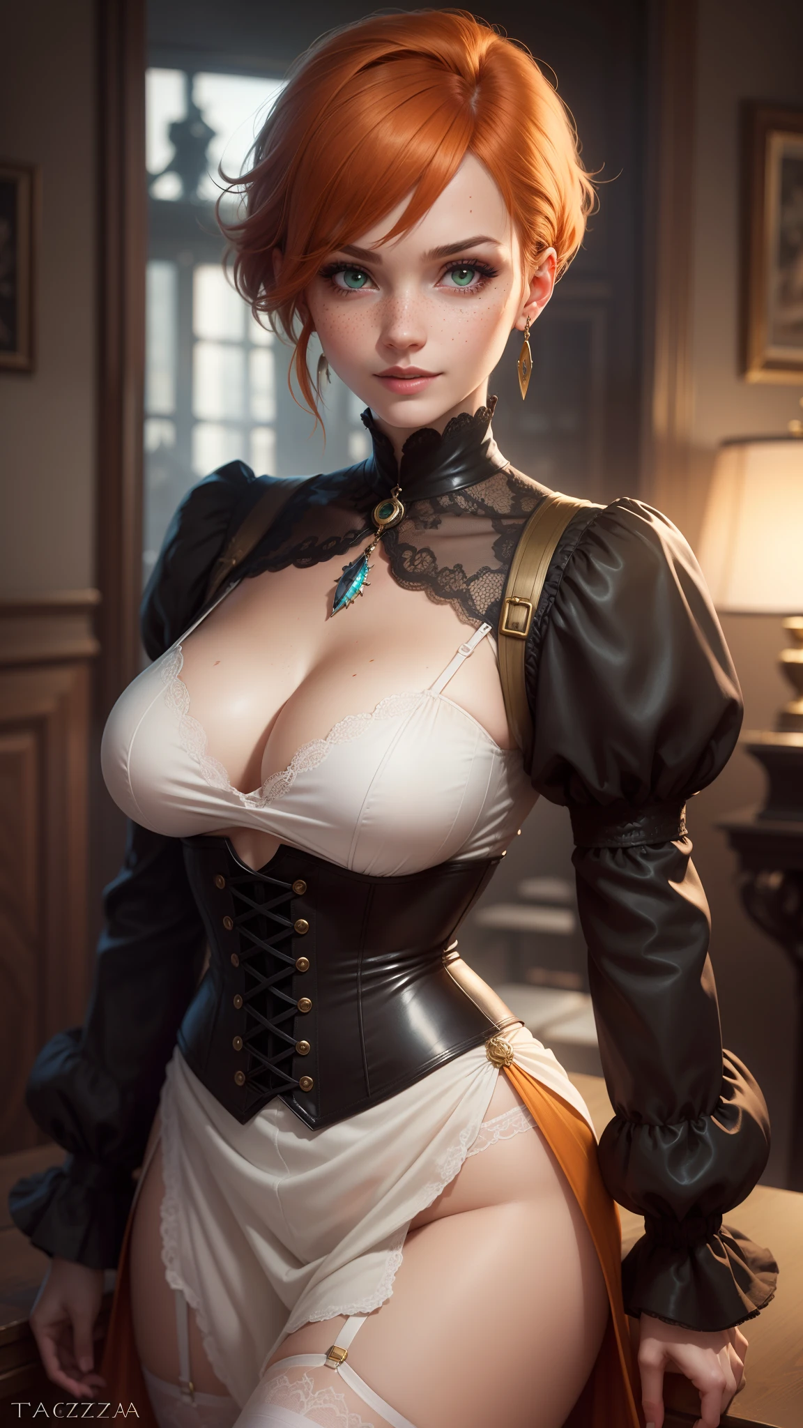 gwen tennyson,tracer,yorha 2b,rebecca chambers,atelier ryza,1girl,close up, aviator goggles,steam locomotive, steampunk theme,cloudy day,garter belt,white long sleeve victorian top,long open front victorian ruffle skirt,brass pirate corset,brass neck jewelry,short hair,brass earrings,night gown,victorian city,gothic makeup, green eyes,orange hair,shy smile, freckles,redhead,beautiful girl,large breasts,ultra detailed,realistic,fantasy art,
