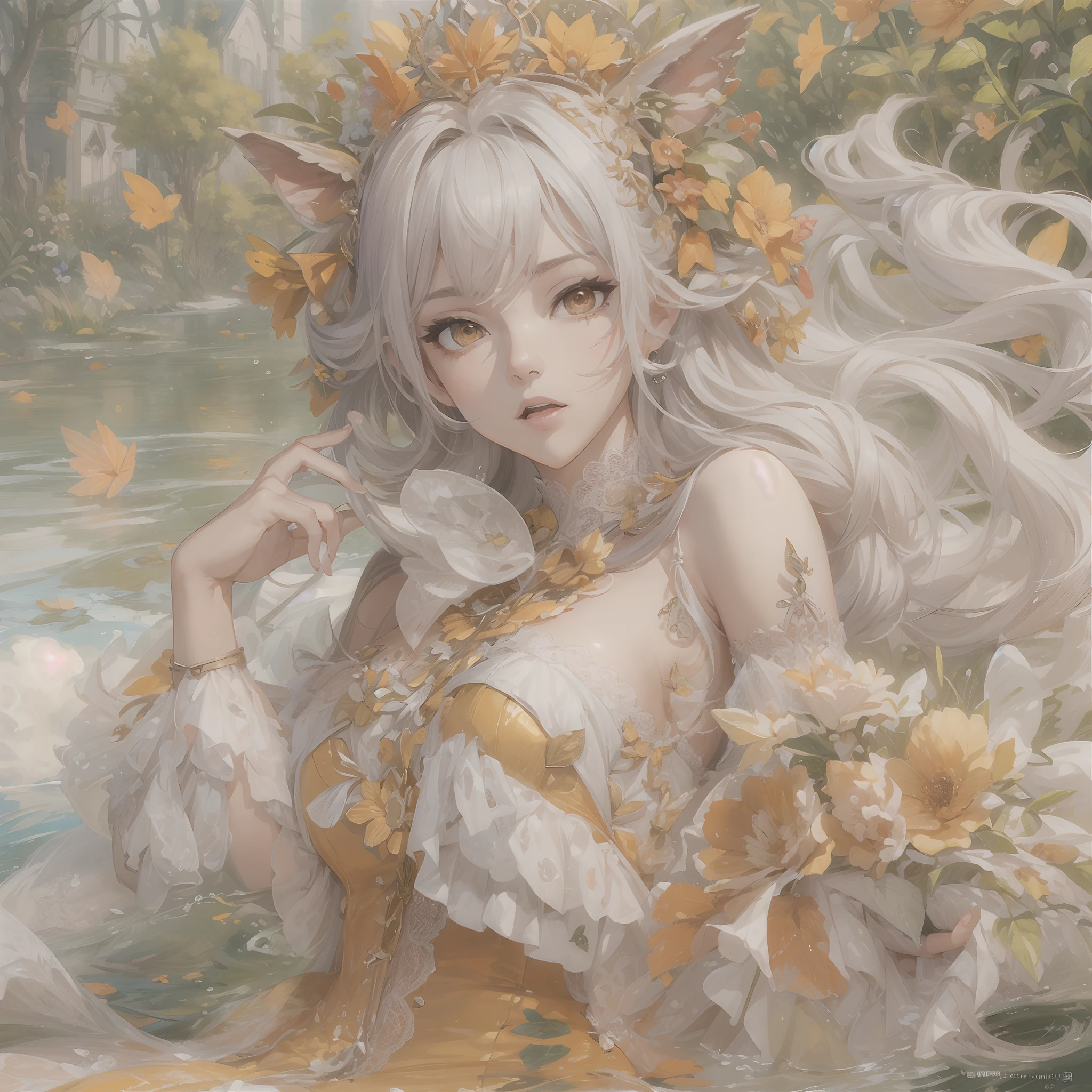 ((Masterpiece, Highest quality)), Detailed face, CharacterDesignSheet, full bodyesbian, Full of details, Multiple poses and expressions, Highly detailed, Depth, Many parts,faeries,double-ponytail,estilo fantasia,Orange caramel,Extremely beautiful,High Balance, Natural light, Lace,lacepantyhose,Clouds surround,The water is rippling