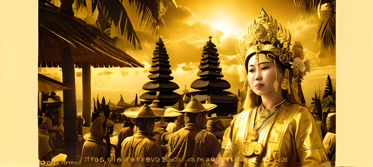 there is a statue of a woman in a golden dress, taken in 2 0 2 0, bali, indonesia national geographic, wearing ornate clothing, portrait shot, inspired by I Ketut Soki, inspiring, wearing traditional garb, indonesia, dramatic portraiture of namenlos, ancient indonesia, photo taken in 2 0 2 0, intricate gold headdress