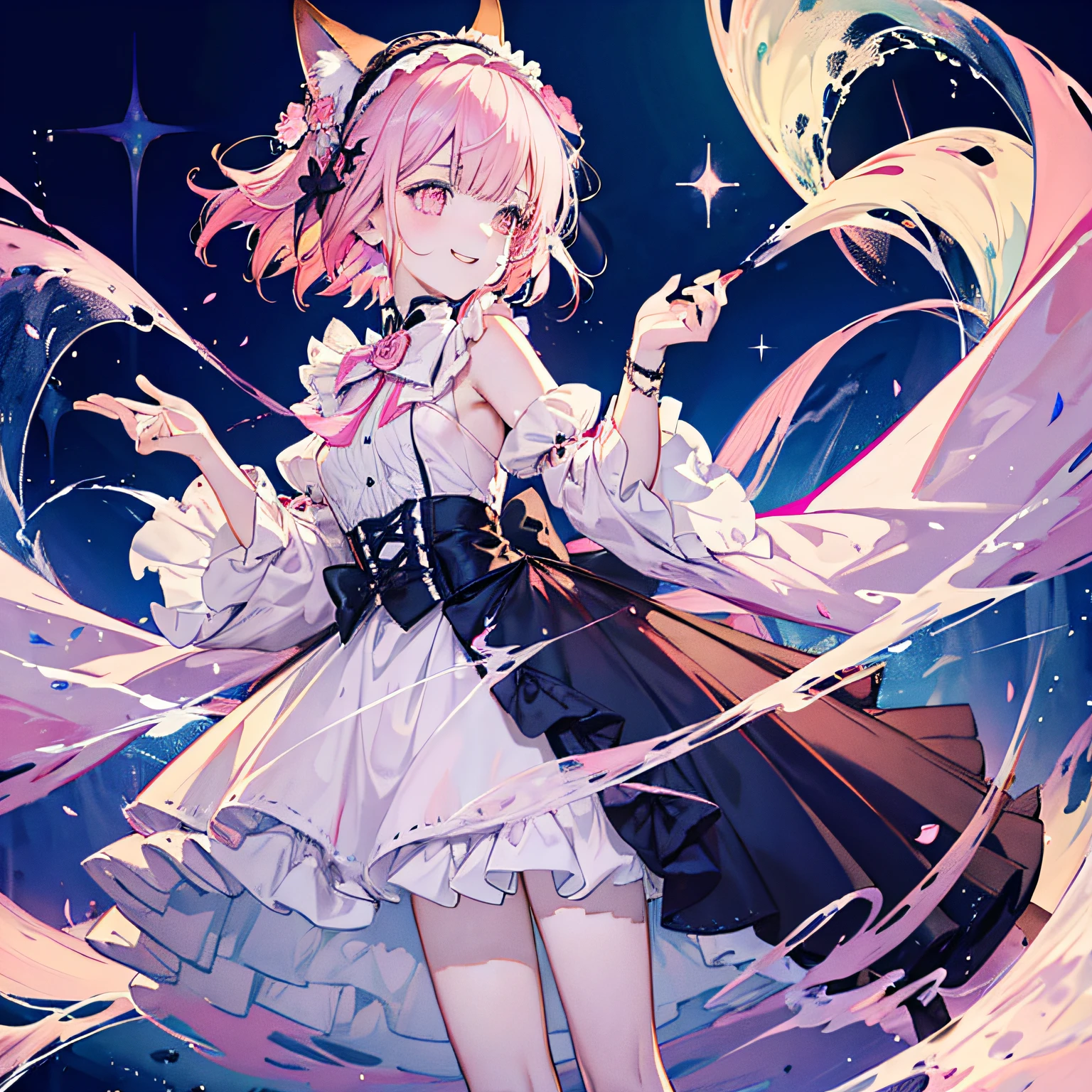 masterpiece, best quality, ultra-detailed, illustration, anime style, full body, focus on the face, in the room, a little girl, child, solo, gothic lolita costume, beautiful pink hair, beautiful pink eyes, beautiful eyes, white-skinned, short hair, fox ears, flat breast, tiny breast, horseshoe-shaped hairband, ribon, flowers, smile