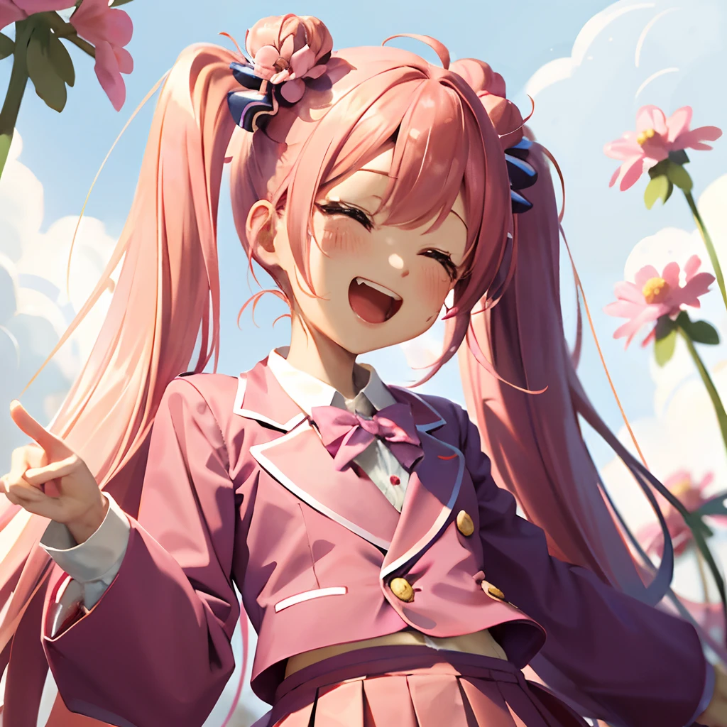 Cute chibi anime the size of a flower in a flower garden, long pink hair with twin tails、、Pink twin tail hairstyle、Dark blue blazer、Pink skirt、student clothes,dark colored、primary colours、、Smiling, animations、Hold your stomach and laugh out loud、Crying and laughter、、Insanely good laugh、burst into laughter、Chibi Animation