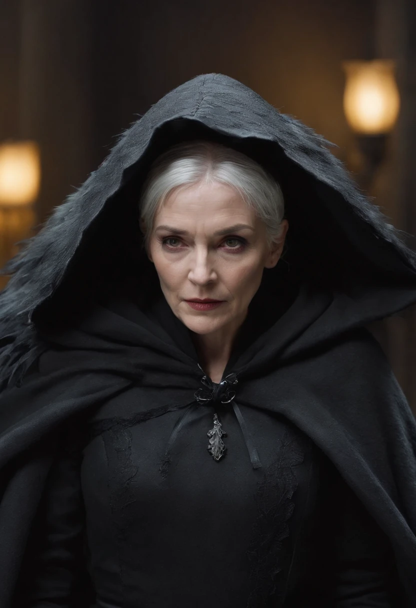 old, extremely old appearance, similar to a , look of rage, short gray hair, pale skin, left eye covered, right eye glows yellow,  posture, penetrating and evil gaze, long black coat, torn clothes, black cloak with feathers with a raven on the back, left side of the face covered in bands and hood, dark place, terror, fear, frightening, suspense, mysterious