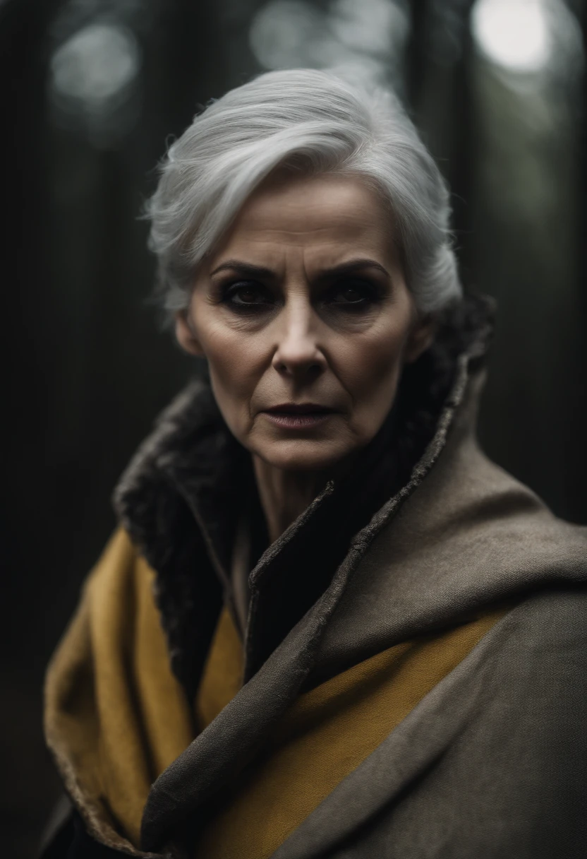 old, extremely old appearance, similar to a corpse, look of rage, short gray hair, pale skin, left eye covered, right eye glows yellow, erect posture, penetrating and evil gaze, long black coat, torn clothes, black cloak with feathers with a raven on the back, left side of the face covered in bands and hood, dark place, terror, fear, frightening, suspense, mysterious