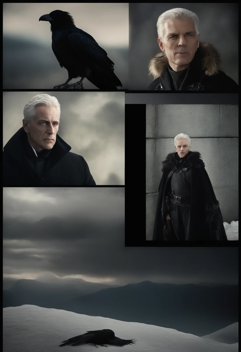 old, extremely old appearance, similar to a corpse, look of rage, short gray hair, pale skin, left eye covered, right eye glows yellow, erect posture, penetrating and evil gaze, long black coat, torn clothes, black cloak with feathers with a raven on the back, left side of the face covered in bands and hood, dark place, terror, fear, frightening, suspense, mysterious