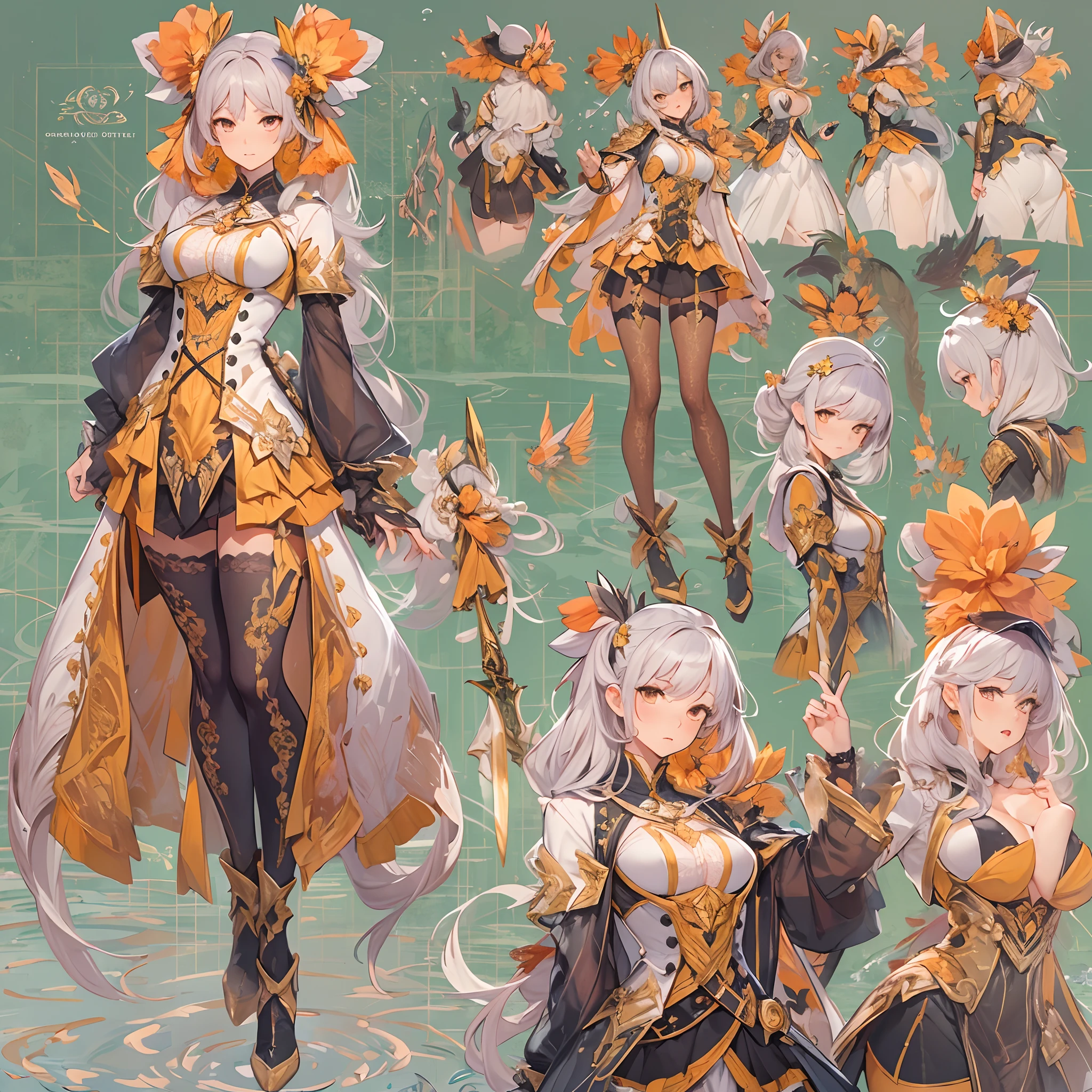 ((Masterpiece, Highest quality)), Detailed face, CharacterDesignSheet, full bodyesbian, Full of details, Multiple poses and expressions, Highly detailed, Depth, Many parts,faeries,swordsmen,double-ponytail,estilo fantasia,Orange caramel,Extremely beautiful,High Balance, Natural light, Lace,lacepantyhose,Clouds surround,The water is rippling