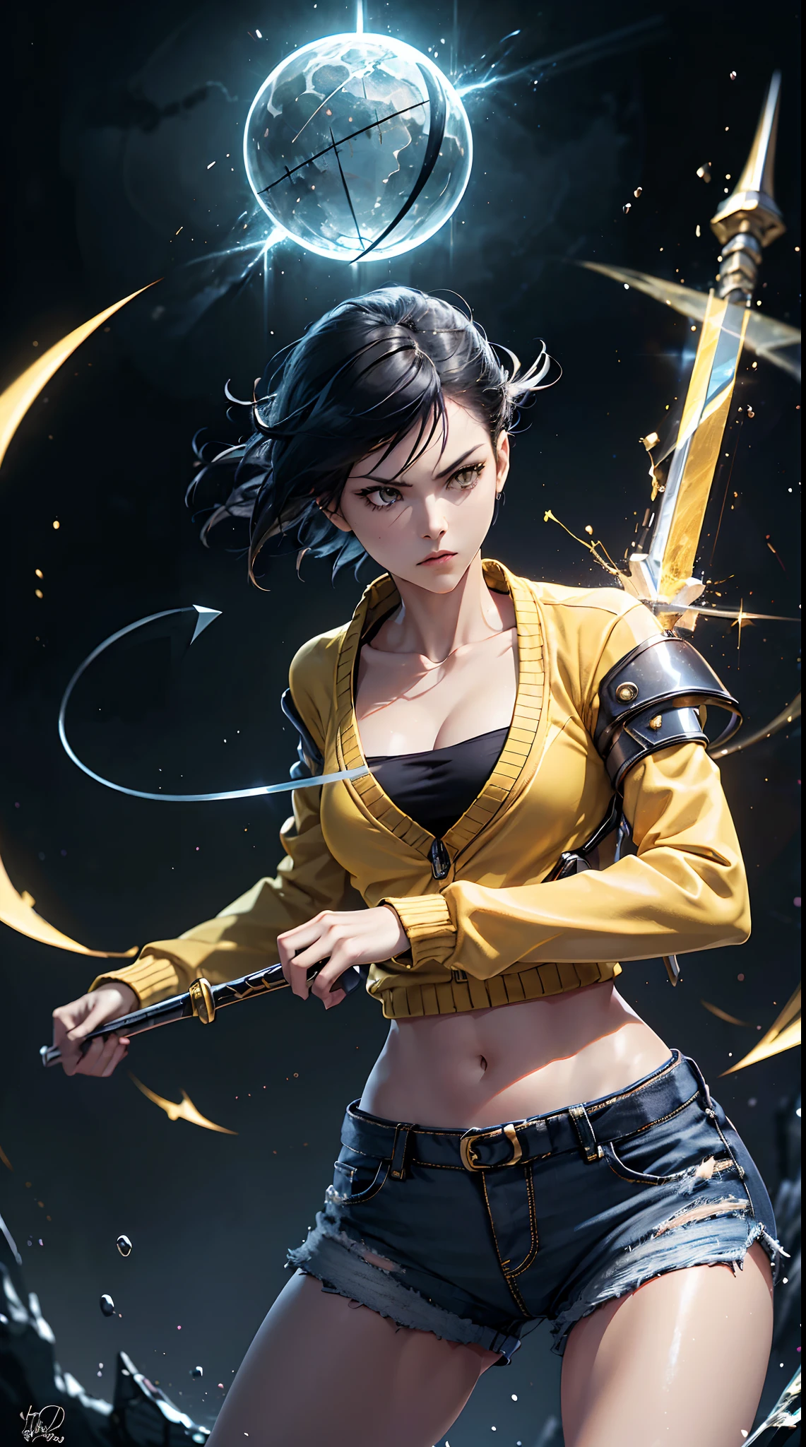 Woman, fight pose, Baddas stare,Hold a yellow sword with a yellow lightning emblem, yellow short wispy Pixie hair, yellow eyes, yellow short shirt, black hotpants jeans, black Jacket sweater ,In the middle of the shirt there is an omega symbol,HD lighting and dark )<=(epic image quality)dark atmosphere with bright particle light(many effects in background)