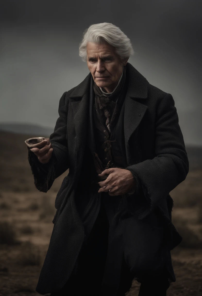 old, extremely old appearance, similar to a corpse, look of rage, short gray hair, pale skin, left eye covered, right eye glows yellow, erect posture, penetrating and evil gaze, long black coat, torn clothes, black cloak with feathers with a raven on the back, left side of the face covered in bands and hood, dark place, terror, fear, frightening, suspense, mysterious