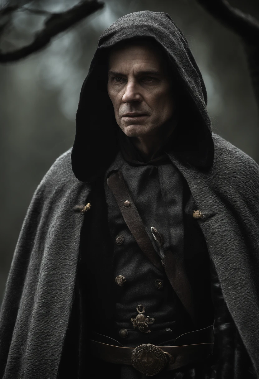 old, extremely old appearance, similar to a ??????, look of rage, short gray hair, pale skin, left eye covered, right eye glows yellow, ????? posture, penetrating and evil gaze, long black coat, torn clothes, black cloak with feathers with a raven on the back, left side of the face covered in bands and hood, dark place, terror, fear, frightening, suspense, mysterious