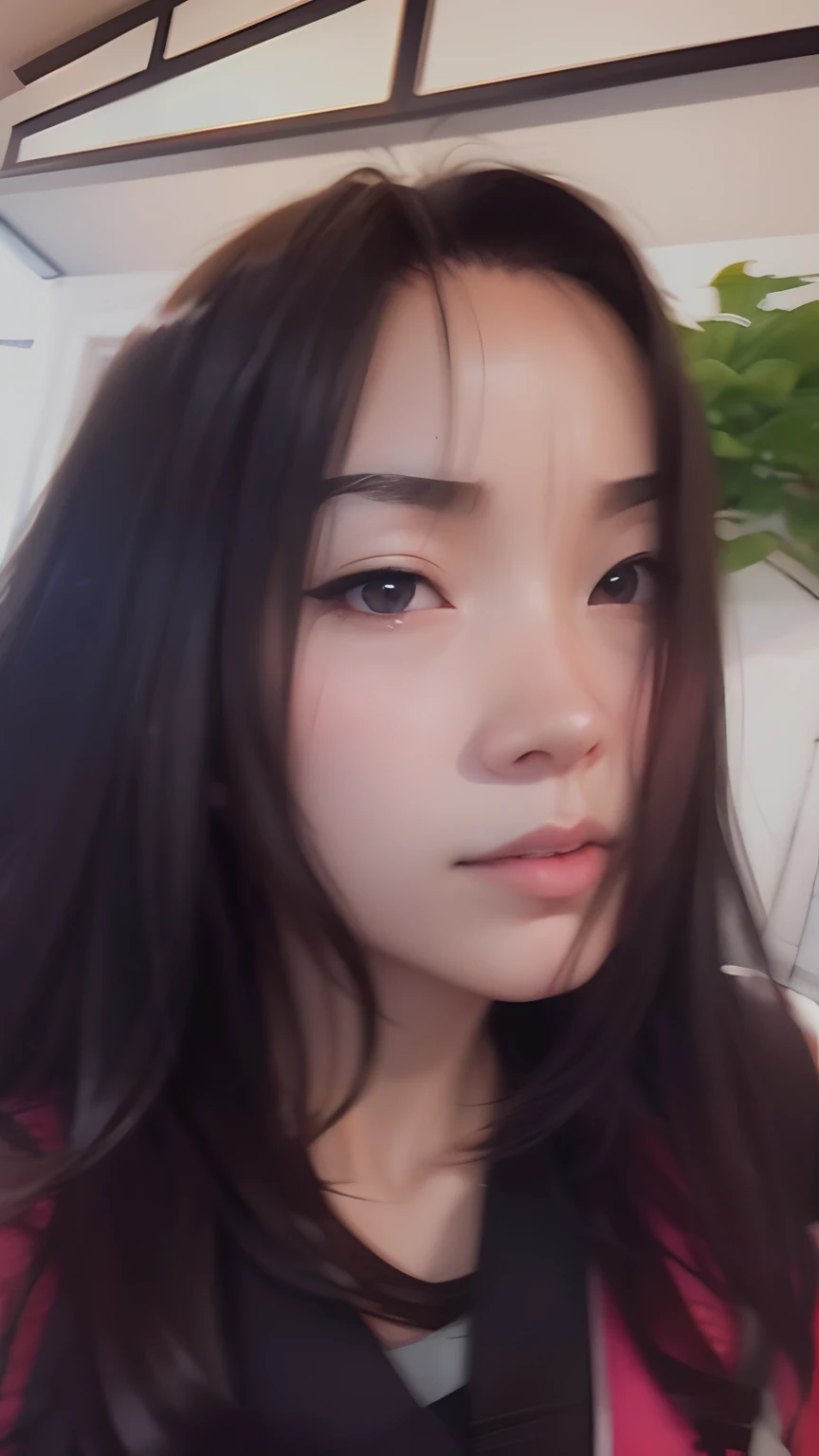 there is a woman with long hair and a black top posing for a picture, Ulzzang, coreana, young cute wan asian face, Beautiful Asian girl, Shikami, Asian girl, ๐คค retrato da meninailed face of a asian girl, rosto bonito claro, menina bonit-cara, 18 anos, com olhos bonitos