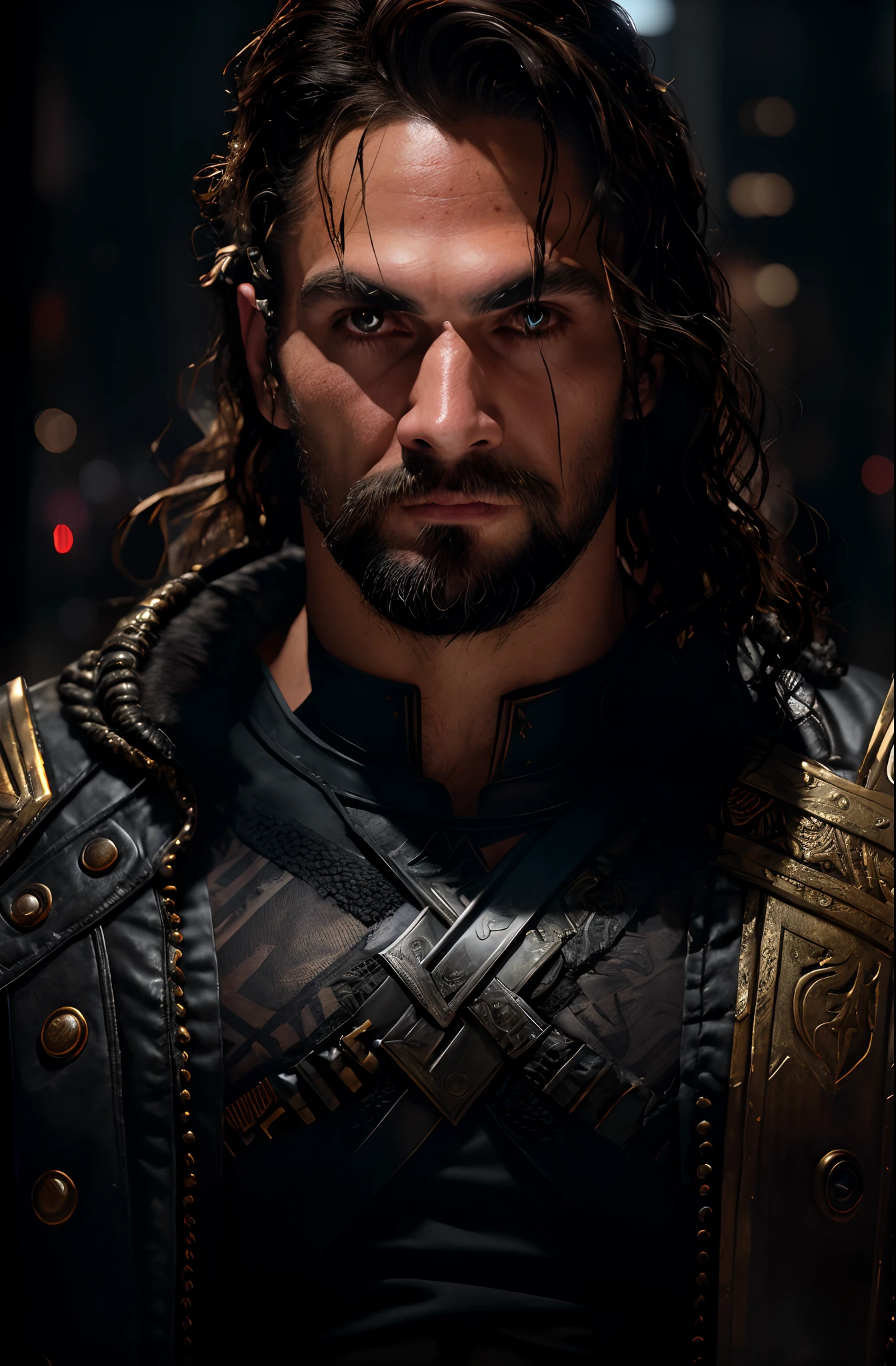 Homem com cabelos longos e barba usando uma jaqueta de couro, macho atraente com armadura, imagem de um guerreiro masculino adulto, Retrato de Zeus acidentado, jason momoa as assyrian, retrato masculino da fantasia, atraente macho de carne com armadura, handsome prince of persia, 8k portrait render, estilo fantasia 8 k octane render, Directed by: Roman Bezpalkiv