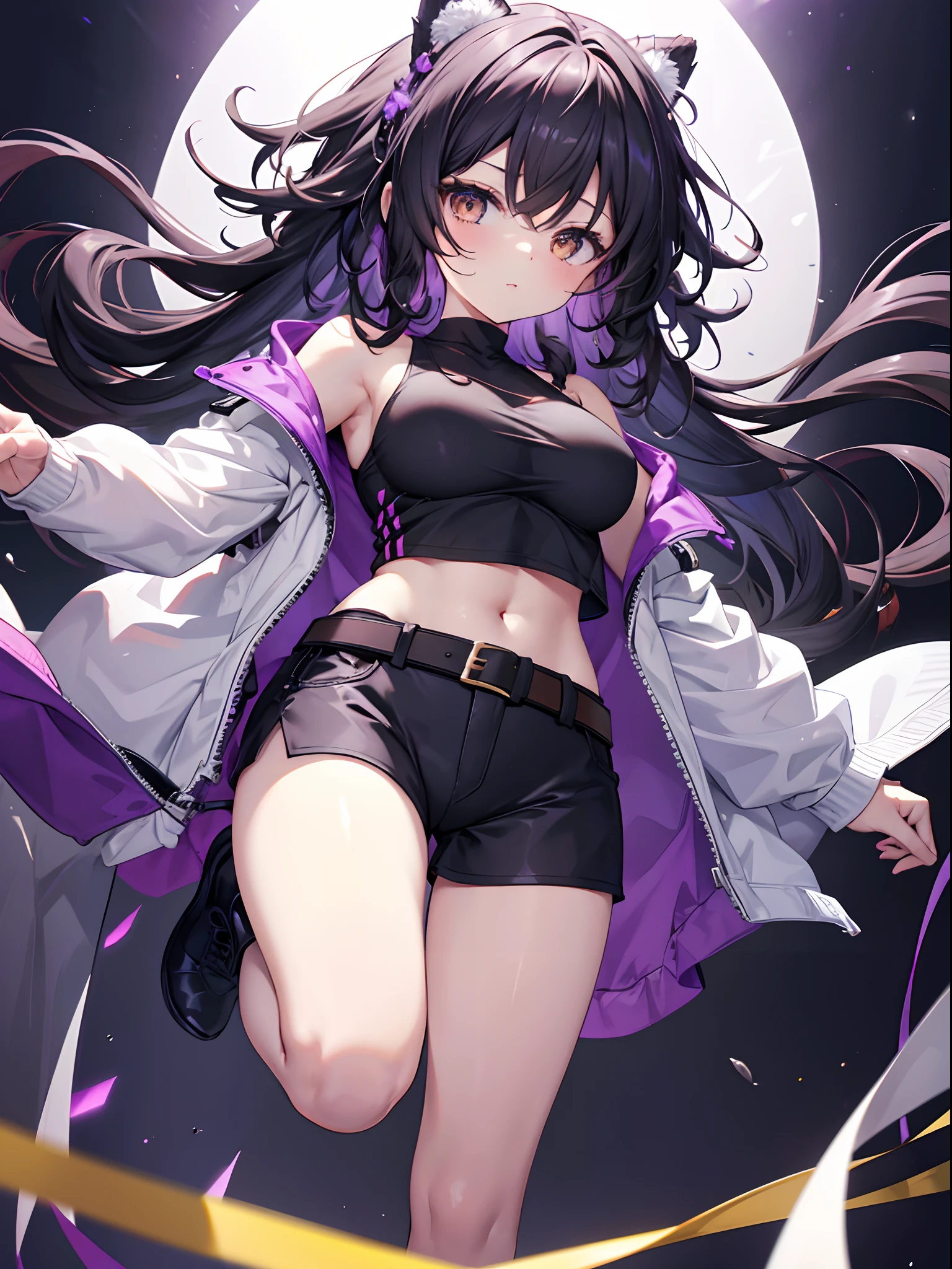 Golden Eyes、(Best Quality,4K,8K,hight resolution,),Ultra-detailed,,(Curly,Wavy) Black hair,Black tank top, White Hot Pants, Purple tights, long boots, adventurer, Standing Pose, White jacket、petite stature、Colossal tits、Navel Ejection、look down from above、full body seen、Dynamism、Long belt、Purple Thunder、