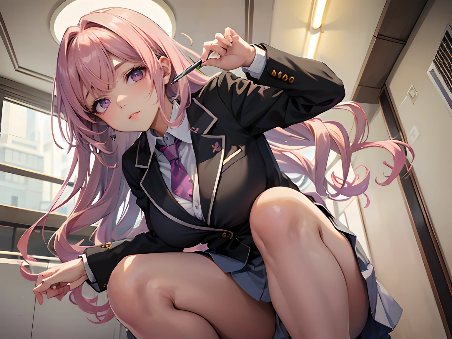 Giantess, anime giantess, huge breasts, light pink hair, long hair, purple eyes, mature girl, low angle, viewed from below, purple eyes, anime, regal, elegant, confident, school uniform, crouching down, slim legs, drill hair, light blue blazer, red necktie, black headband, pleated skirt, gray skirt, beautiful girl, lovely girl, best quality, indoors, high school, white button up shirt, very light blue blazer, crouching down, short bangs, microbangs, light coloured blazer, drill curls, drill curl hair, crouched, crouching, sharp eyes, mature girl, short bangs, very short bangs, extremely short bangs, short fringe, crouching over viewer, low shot, crouching position, viewed from below, elegant clothing, low angle, ant’s eye pov, curly hair, hair drills, beautiful woman, looking down, confident