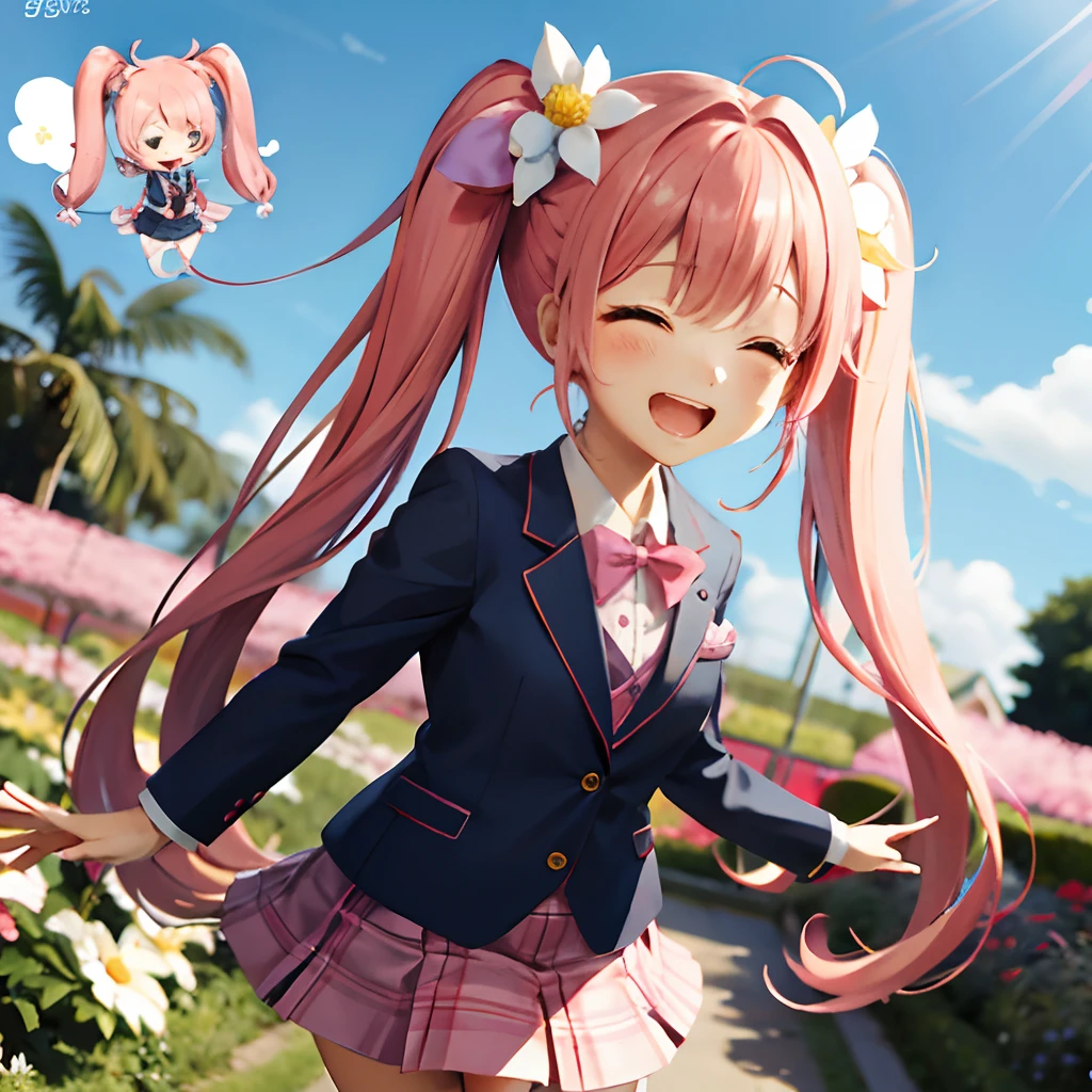 Cute chibi anime the size of a flower in a flower garden, long pink hair with twin tails、、Pink twin tail hairstyle、Dark blue blazer、Pink skirt、student clothes,dark colored、primary colours、、Smiling, animations、Hold your stomach and laugh out loud、Crying and laughter、、Insanely good laugh、burst into laughter、Chibi Animation