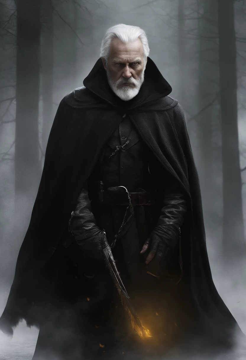 old man, extremely old appearance, similar to a corpse, angry look, short gray hair, pale skin, left eye covered, right eye glows yellow, erect posture, penetrating and evil look, long black coat, torn clothes, black cloak with raven feathers on the back, left side of the face covered in bands and hood, dark place, terror, fear, scary, suspense, mysterious