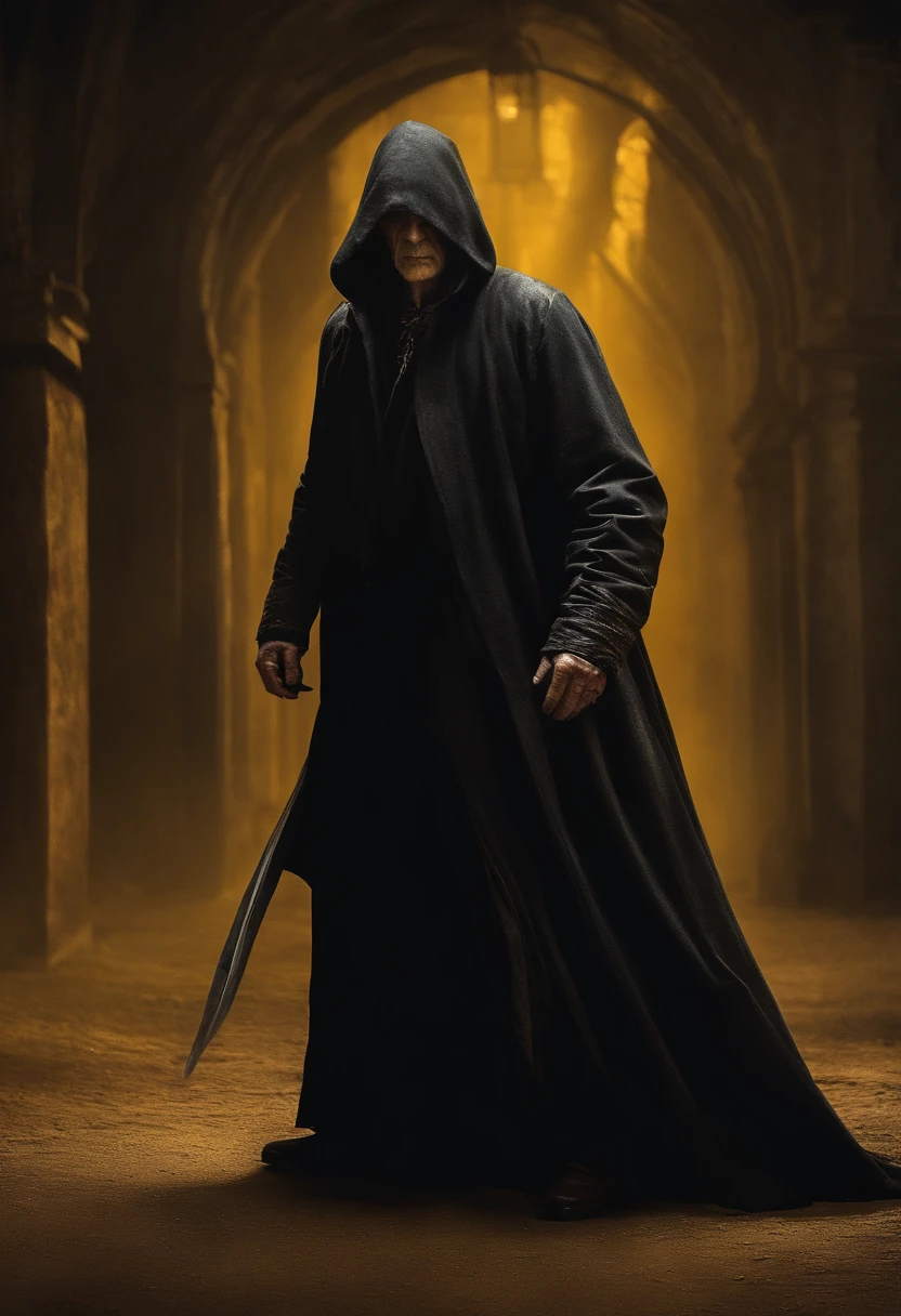 old man, extremely old appearance, similar to a corpse, angry look, short gray hair, pale skin, left eye covered, right eye glows yellow, erect posture, penetrating and evil look, long black coat, torn clothes, black cloak with raven feathers on the back, left side of the face covered in bands and hood, dark place, terror, fear, scary, suspense, mysterious