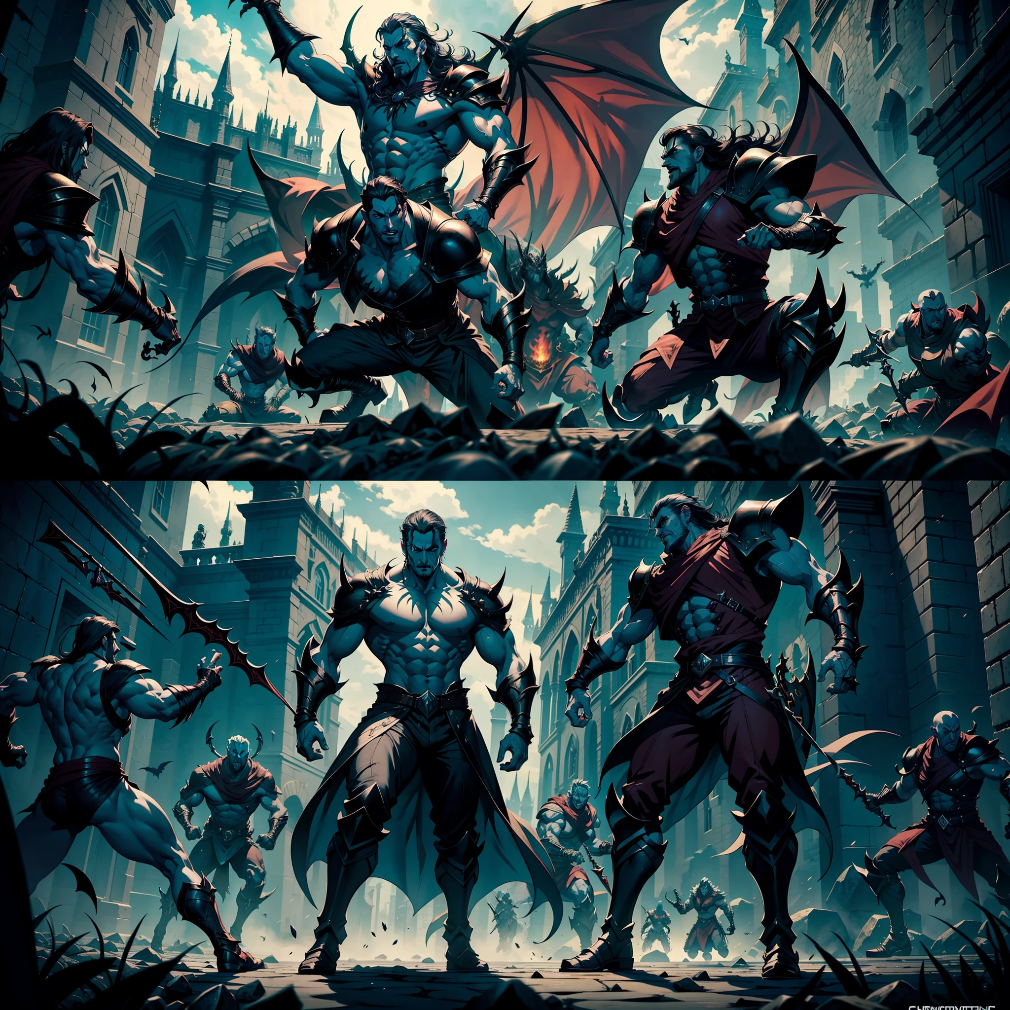 Castlevania Shadow Lord hyper realistic super detailed Lord Dracula handsome muscular wearing angry Islamic armor leading troops armed with demons into battle 3points perspective view bottom shot hyper realistic super detailed Dynamic shot Cinematic scenes from the movie Correct characters Anatomy Correct proportions Dynamic poses