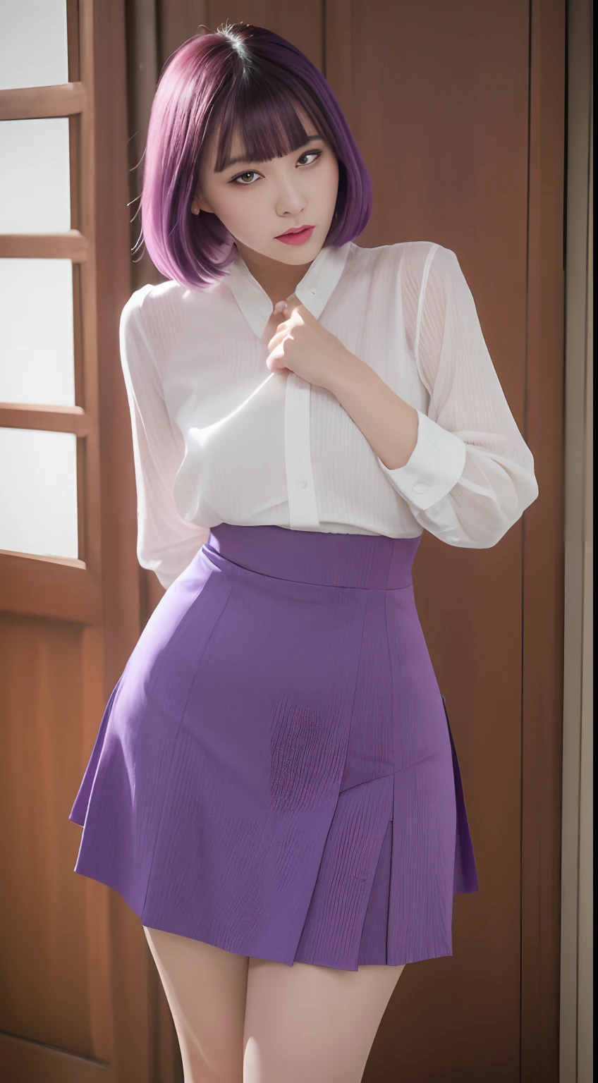 (masterpiece, best quality), 1girl, purple hair, short hair, bangs, slim, (wide hips, thick thighs), looking at viewer, Blushing, (tight dress shirt, skirt), (masterpiece), (best quality:1.2), absurdres, intricate details, (Erotic face)