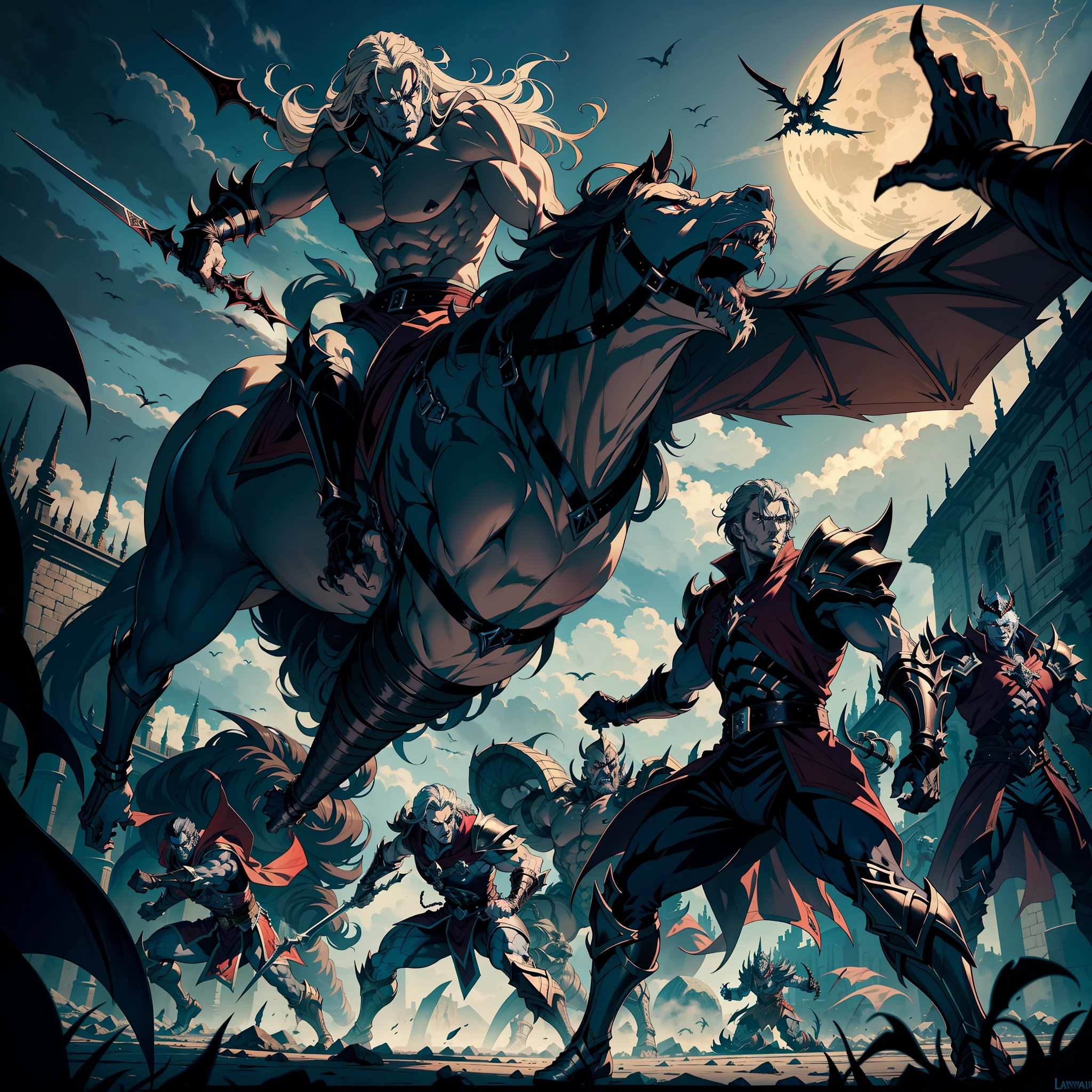 Castlevania Shadow Lord hyper realistic super detailed Lord Dracula handsome muscular wearing angry Islamic armor leading troops armed with demons into battle 3points perspective view bottom shot hyper realistic super detailed Dynamic shot Cinematic scenes from the movie Correct characters Anatomy Correct proportions Dynamic poses