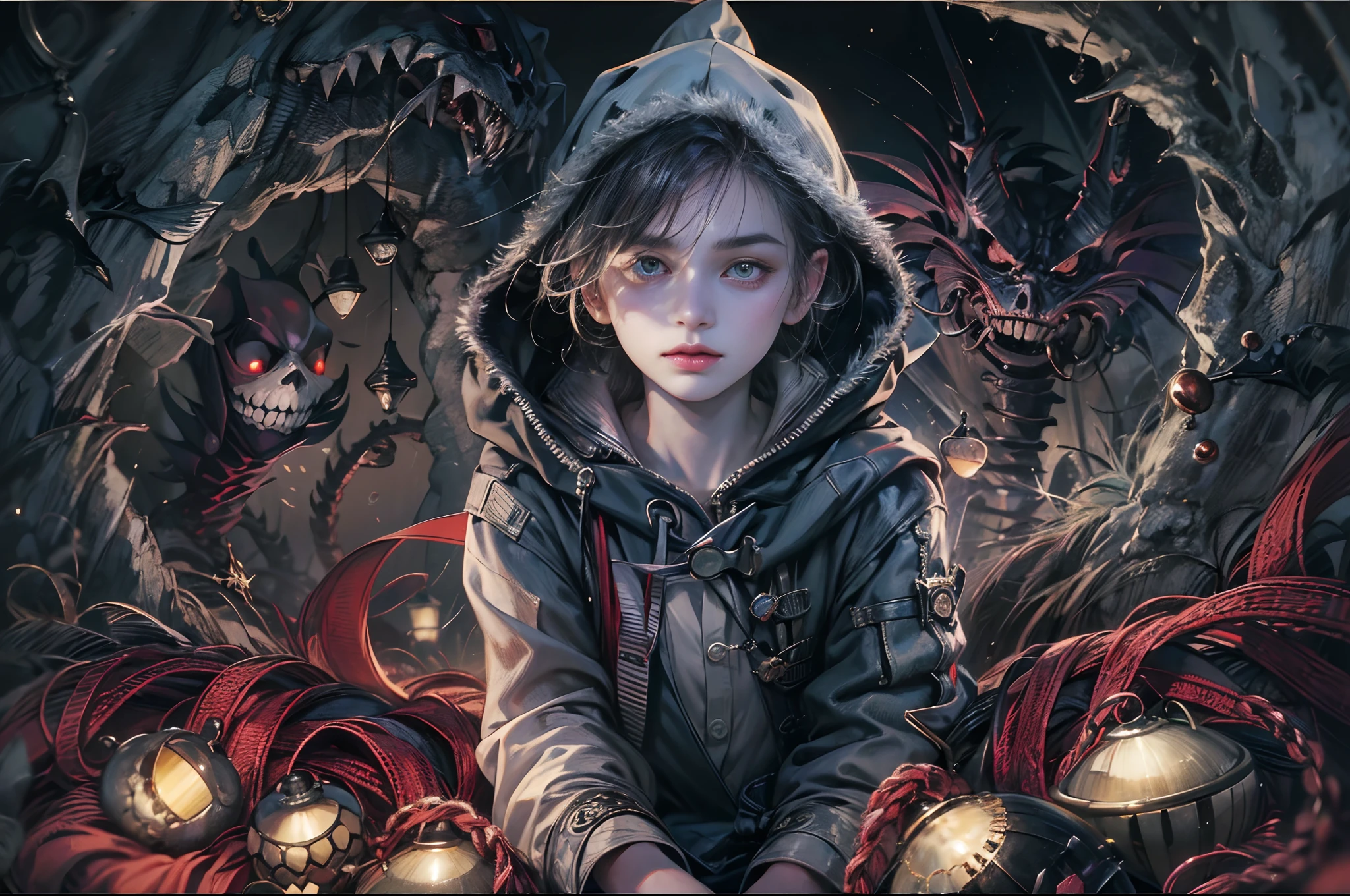 (absurdres, highres, ultra detailed, HDR), masterpiece, best quality, 1 boy, handsome boy, cool hero, big anime eyes, young boy, detailed scenery, detailed character, nightmare before Christmas theme, art kenouji