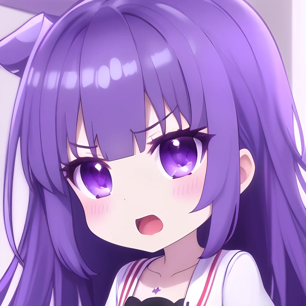 (masterpiece,best quality,ultra_detailed, highres, absurdres:1.2),Emoticon packages,1girl, solo, ?, purple_hair, purple_eyes, open_mouth, bangs, looking_at_viewer,v-shaped eyebrows,glaring
