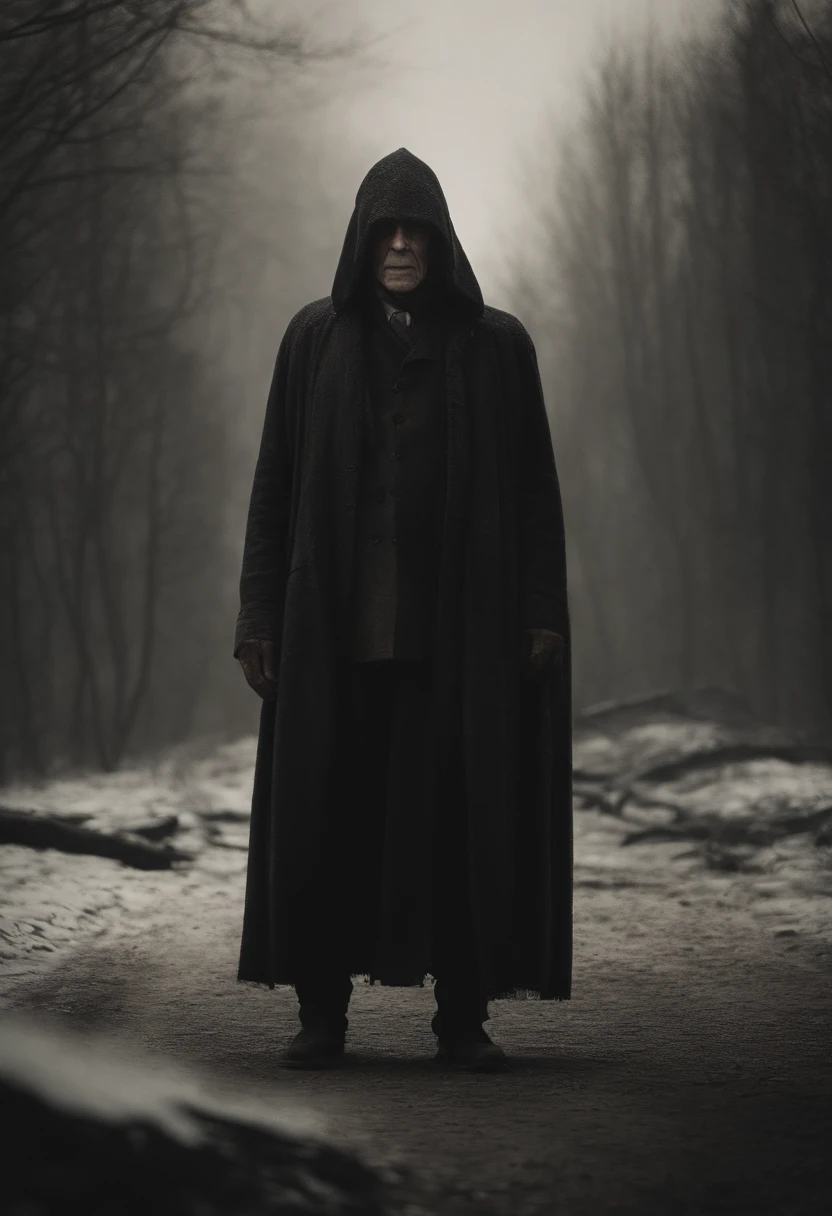 old man, extremely old appearance, similar to a corpse, angry look, short gray hair, pale skin, left eye covered, right eye glows yellow, erect posture, penetrating and evil look, long black coat, torn clothes, black cloak with raven feathers on the back, left side of the face covered in bands and hood, dark place, terror, fear, scary, suspense, mysterious
