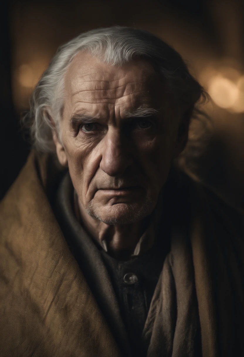 old man, extremely old appearance, similar to a corpse, angry look, short gray hair, pale skin, left eye covered, right eye glows yellow, erect posture, penetrating and evil look, long black coat, torn clothes, black cloak with raven feathers on the back, left side of the face covered in bands and hood, dark place, terror, fear, scary, suspense, mysterious