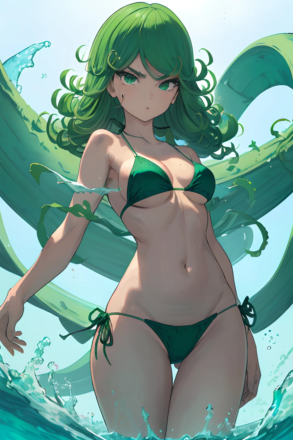 obra maestra, mejor calidad, 1girl, solamente, pechos, viendo al espectador, rubor, senos medianos,(((only   verde))), cabello verde, (Tatsumaki: 1.7),((fondo simple)),((sonrojada)),