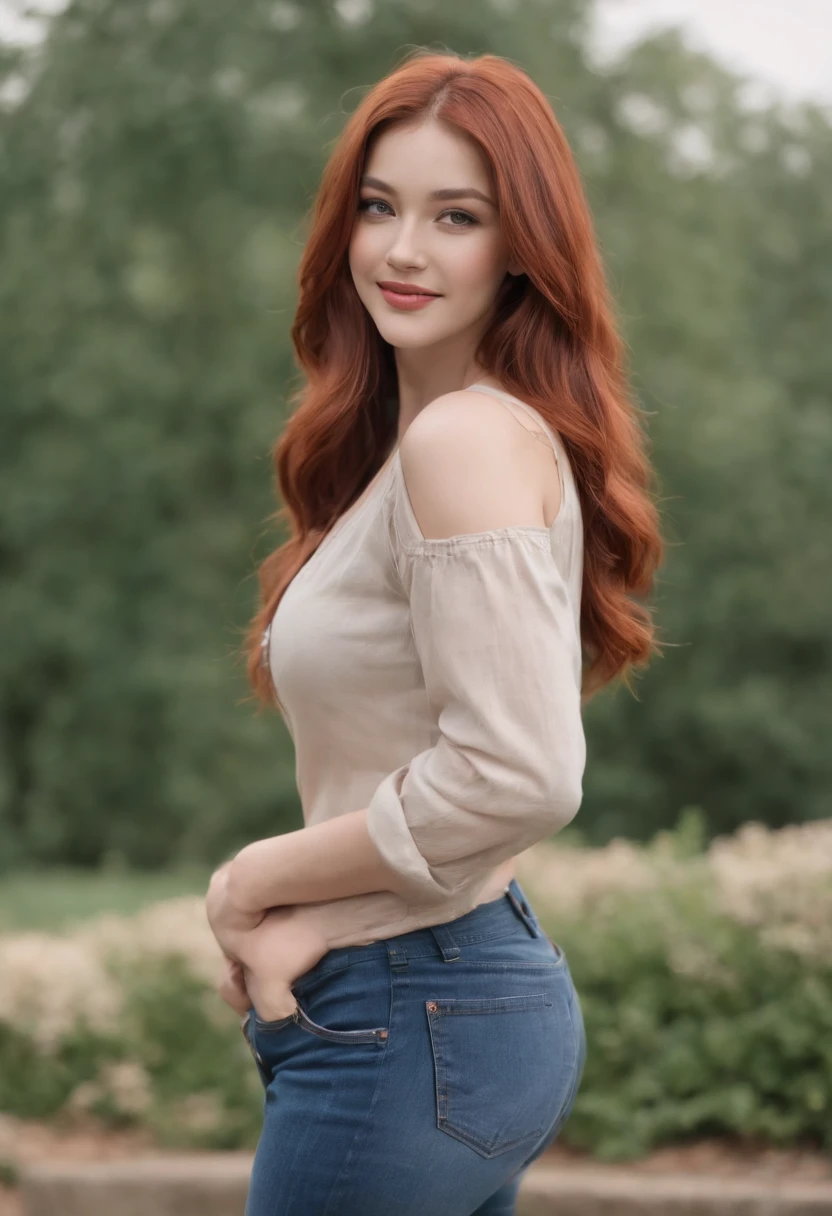 American landscape、denim pant、23yr old、femele、college aged、Yankee、baseball、drooing eyes, long red hair, smiling face with good cleavage, thick body curve