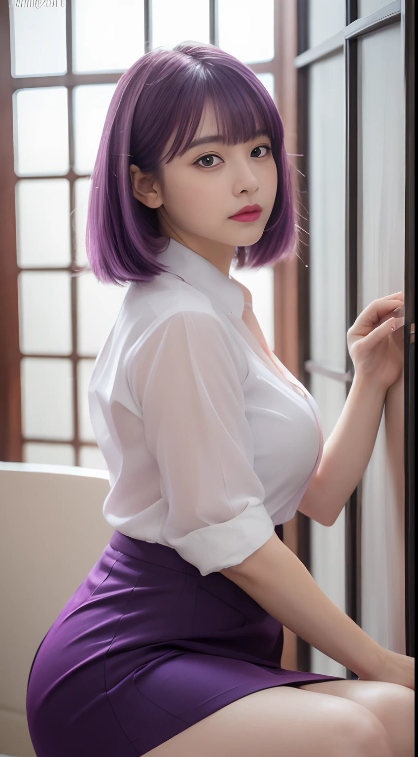 (masterpiece, best quality), 1girl, purple hair, short hair, bangs, slim, (wide hips, thick thighs), looking at viewer, Blushing, (tight dress shirt, skirt), (masterpiece), (best quality:1.2), absurdres, intricate details, (Erotic face)