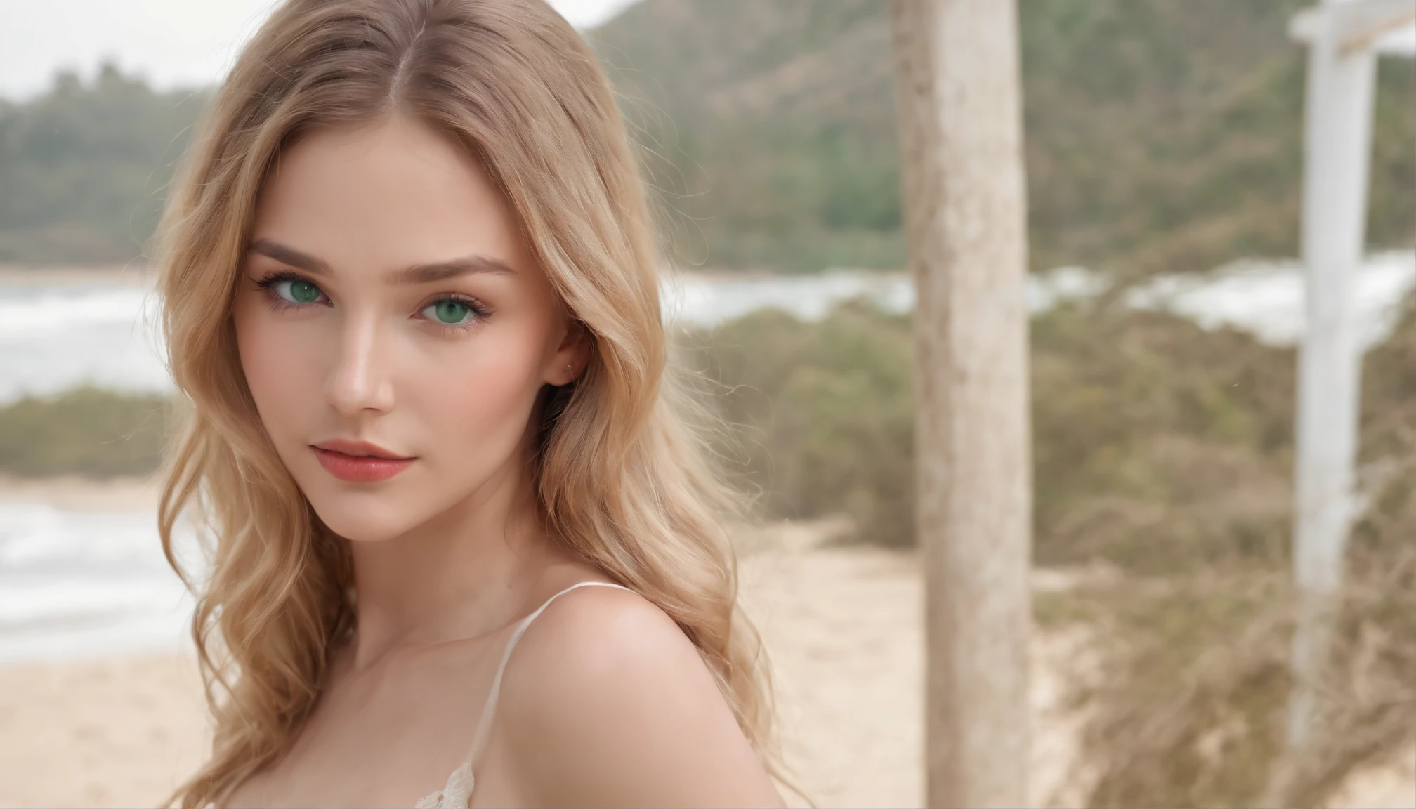 Slender 16 year old caucasian girl,Long wavy Golden blonde hair, emerald green eyes, expressive eyebrows, long jet black eyelashes, almost shaped eyes, aquiline nose, rose-red lips, diamond shaped face, hourglass figure, sculptured shoulders and neck, long and Lithe limbs, sculpted back and curves, flawless skin. , ((beach volleyball)), ((top quality, 8k, masterpiece: 1.3)), crisp focus: 1.2, beautiful woman with perfect figure: 1.4, ighly detailed face and skin texture, detailed eyes, skinny, beautiful face, symmetrical face, full-length, slightly naked, sexy, partially visible boobs