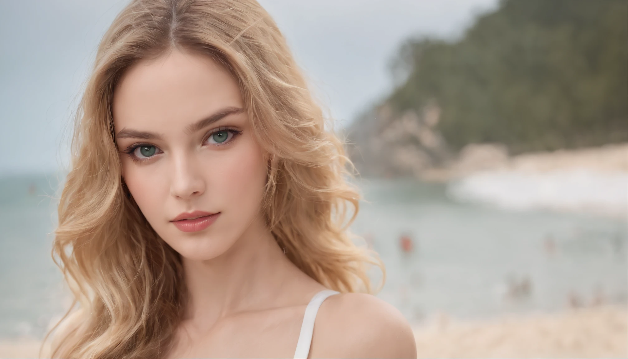 Slender caucasian girl,Long wavy Golden blonde hair, emerald green eyes, expressive eyebrows, long jet black eyelashes, almost shaped eyes, aquiline nose, rose-red lips, diamond shaped face, hourglass figure, sculptured shoulders and neck, long and Lithe limbs, sculpted back and curves, flawless skin. , ((beach volleyball)), ((top quality, 8k, masterpiece: 1.3)), crisp focus: 1.2, beautiful woman with perfect figure: 1.4, ighly detailed face and skin texture, detailed eyes, skinny, beautiful face, symmetrical face, full-length, slightly naked, sexy, partially visible boobs