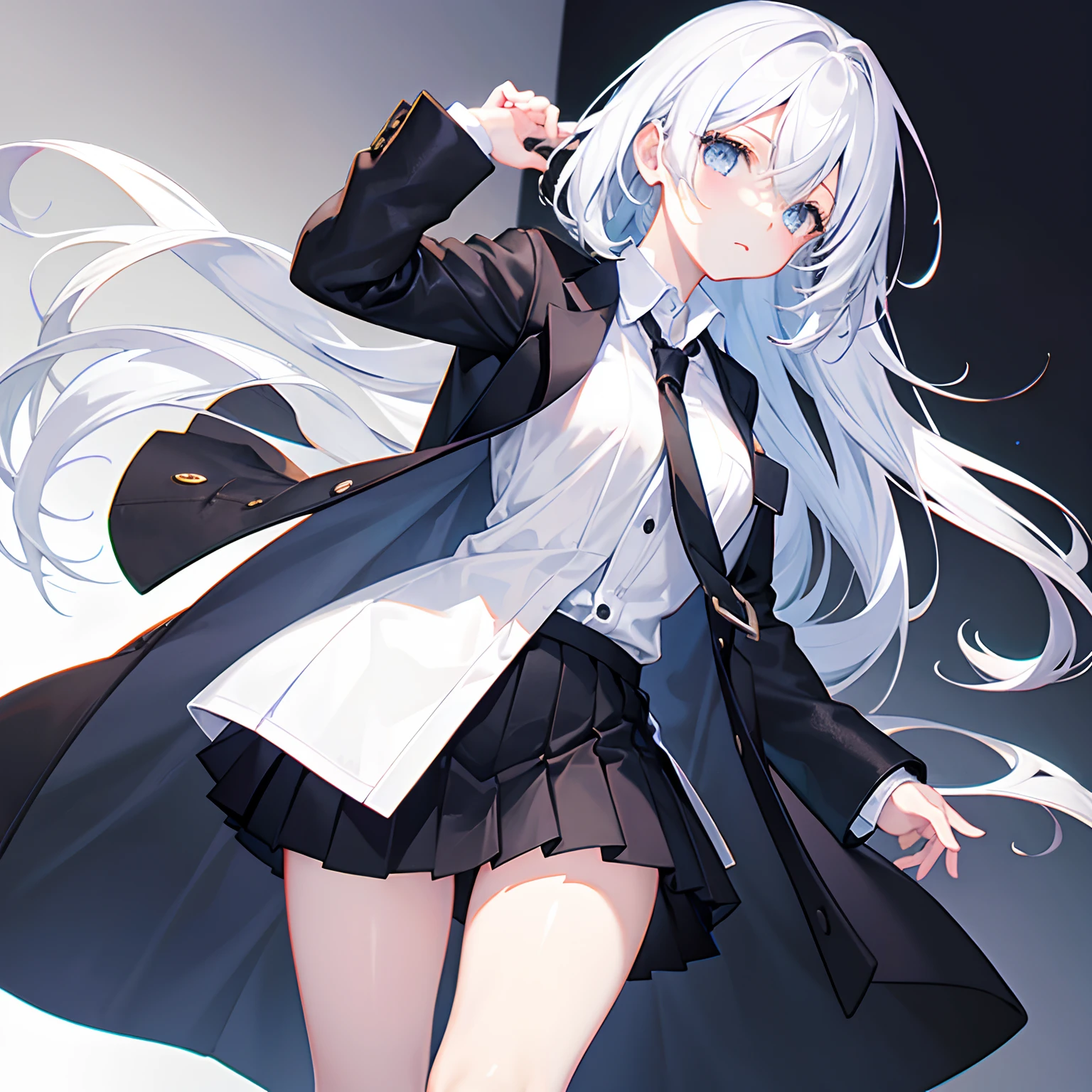older girl, White hair, silver eyes, calm smile, White jacket, black shirt, short black skirt, white sports shoes, black knuckleless gloves, black transparent white stockings.