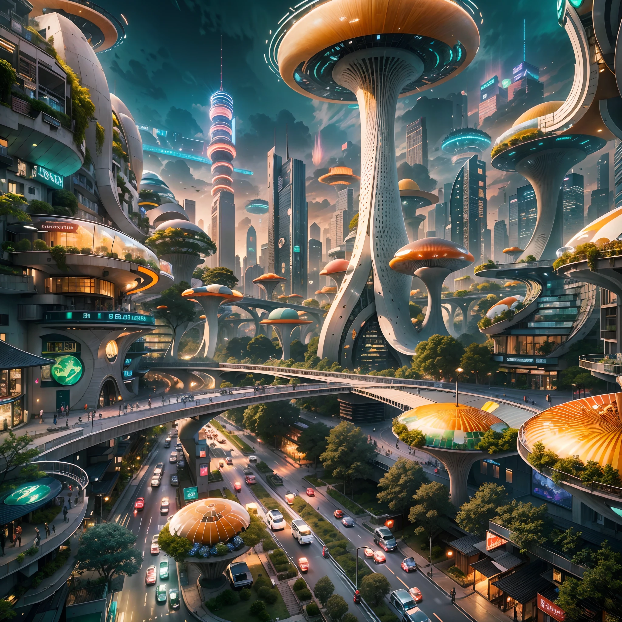 high quality,(photorealistic,realistic:1.37),vibrant colors,cityscape,architectural masterpiece,mushroom-shaped buildings,towering structures,modern urban landscape,unique skyline,thoughtful design,impressive scale,innovative architecture,organic shapes,twisting forms,curved lines,glass facades,reflective surfaces,harmony of geometry and nature,blend of art and functionality,stunning aerial view,emerging from lush greenery,illuminated at night,brilliant light display,futuristic ambiance, lively atmosphere, bustling streets,pedestrians and vehicles in motion,elevated walkways,captivating skyline,Futurism,urban art,progressive metropolis,innovative city planning,environmentally sustainable buildings,vision of the future,juxtaposition of nature and civilization,celebration of creativity and human ingenuity