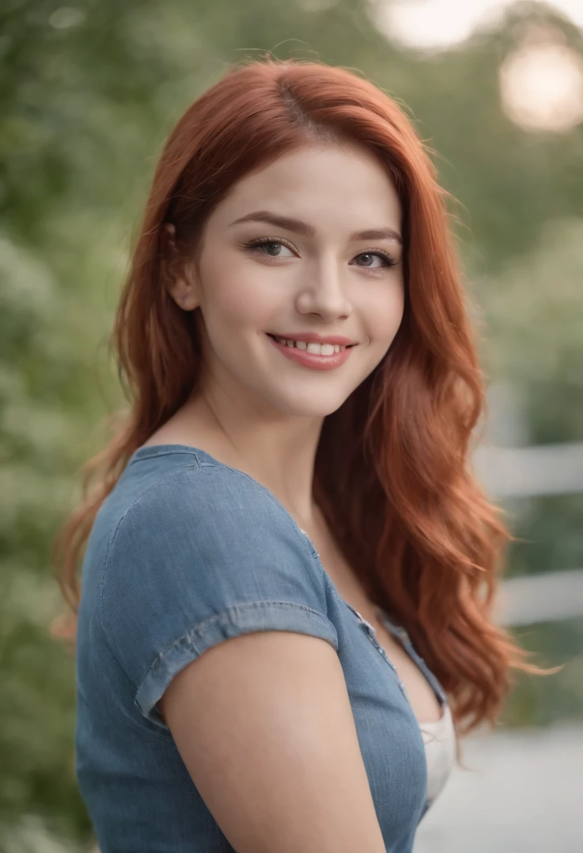 American landscape、denim pant、23yr old、femele、college aged、Yankee、baseball、drooing eyes, long red hair, smiling face with good cleavage, thick body curve