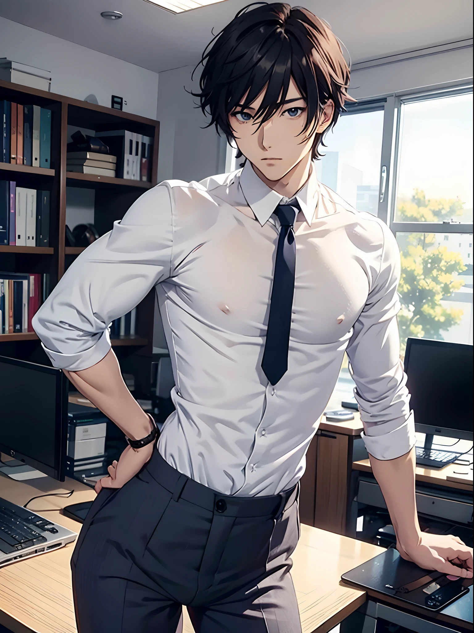 anime sexy guy in tight white office shirt