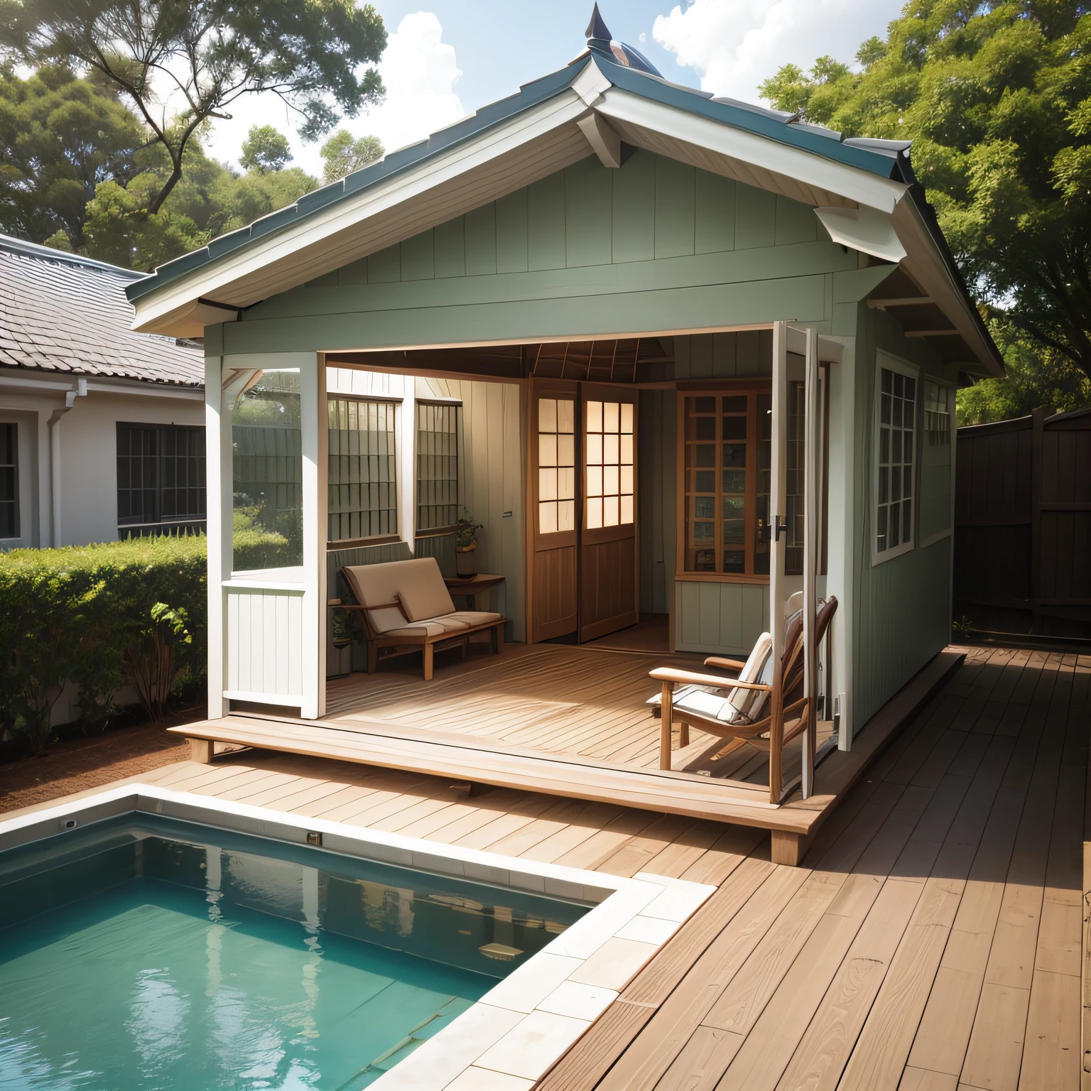 small pool house with Outdoor Shower and Veranda
