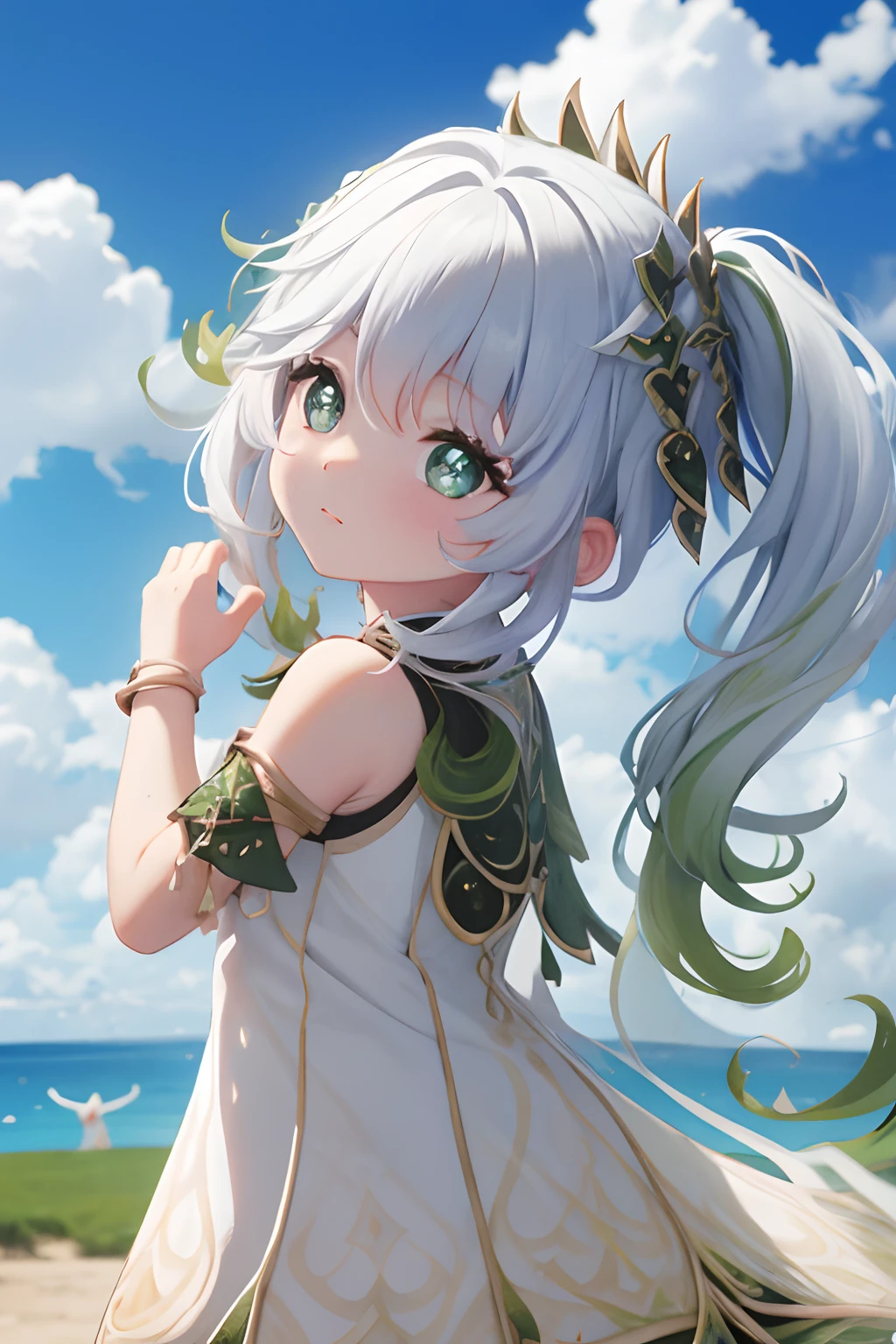 naked, nude, flat chest, sunbathing, 8 years old, loli, outside, wink, teasing, smiling, open mouth, confident, sunny, happy, bright sunlight, grass, pointy ears, hair ornament, white hair, green hairstreak, side ponytail, masterpiece, best quality