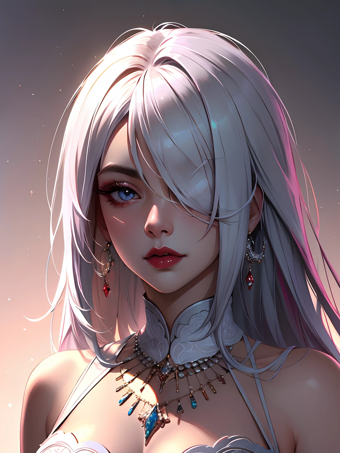 1girl in, 独奏, Jewelry, pink white hair, necklace, red-lips, Long hair, covered eyes, lipstick, makeup, upper-body, closed mouth,  gown, hair above one eye, 鎖骨, white dress,white theme,bad-girl, large breasts,sparkly skin,(mature female),Chic, Snthwve style, nvinkpunk Close-up portrait of a face (((sks person))), Smooth soft skin, big dreamy eyes, Beautiful intricate dyed hair, Symmetrical, anime wide eyes, soft-lighting, Detailed Face, makoto sinkai, by stanley artgerm lau, WLOP, rossdraws, Concept art, Digital Painting, looking up at the camera