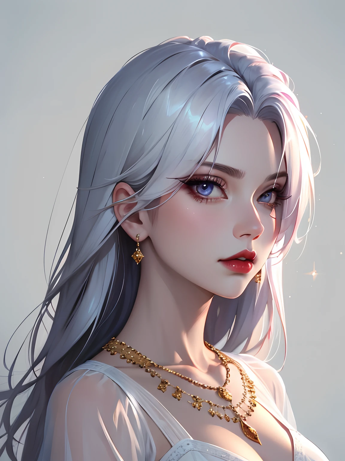 1girl in, 独奏, Jewelry, pink white hair, necklace, red-lips, Long hair, covered eyes, lipstick, makeup, upper-body, closed mouth,  gown, hair above one eye, 鎖骨, white dress,white theme,bad-girl, large breasts,sparkly skin,(mature female),Chic, Snthwve style, nvinkpunk Close-up portrait of a face (((sks person))), Smooth soft skin, big dreamy eyes, Beautiful intricate dyed hair, Symmetrical, anime wide eyes, soft-lighting, Detailed Face, makoto sinkai, by stanley artgerm lau, WLOP, rossdraws, Concept art, Digital Painting, looking up at the camera