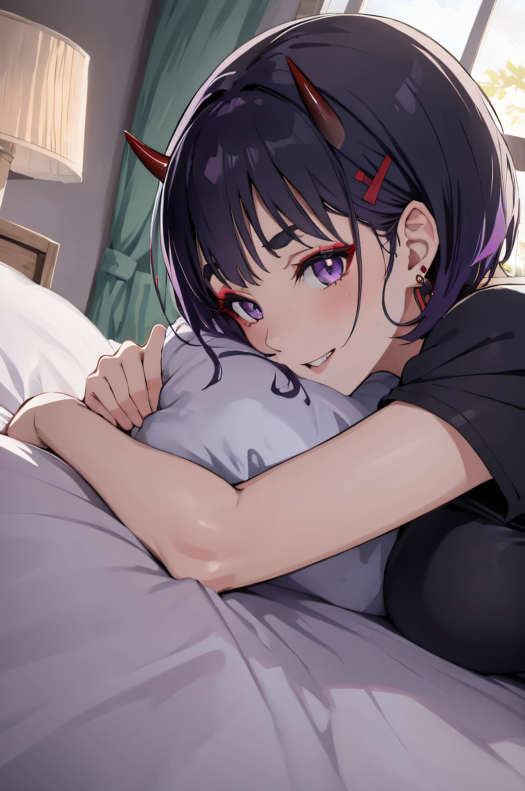 (masterpiece, best quality, detailed) ,1girl, shutendouji, shuten douji, (purple eyes:1.2), earrings, eyeshadow, horns, makeup, oni horns, purple hair, red eyeshadow, short eyebrows, short hair, single earring, teeth ,laying in bed with her head on her pillow, on my bed, anime moe artstyle, seductive anime girl, lying at the bed, laying on a bed, lying in bed, laying back on the bed, waking up,eyes detailed,ecchi anime style, seductive anime girl.teasing smile, clean detailed anime art,high resolution, (perfect hands, perfect anatomy),