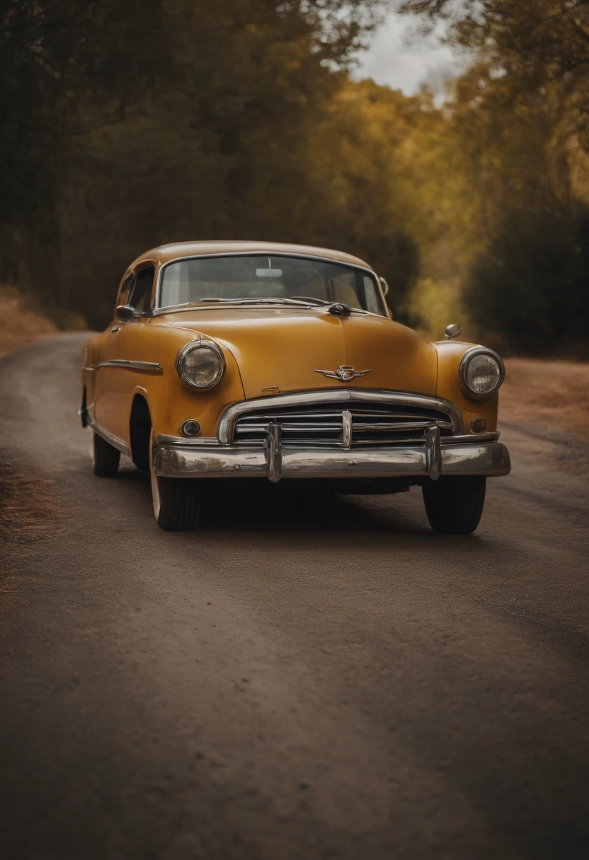 Un coche viejo en la carretera de un pueblo, Disney illustration style, colores vibrantes.
