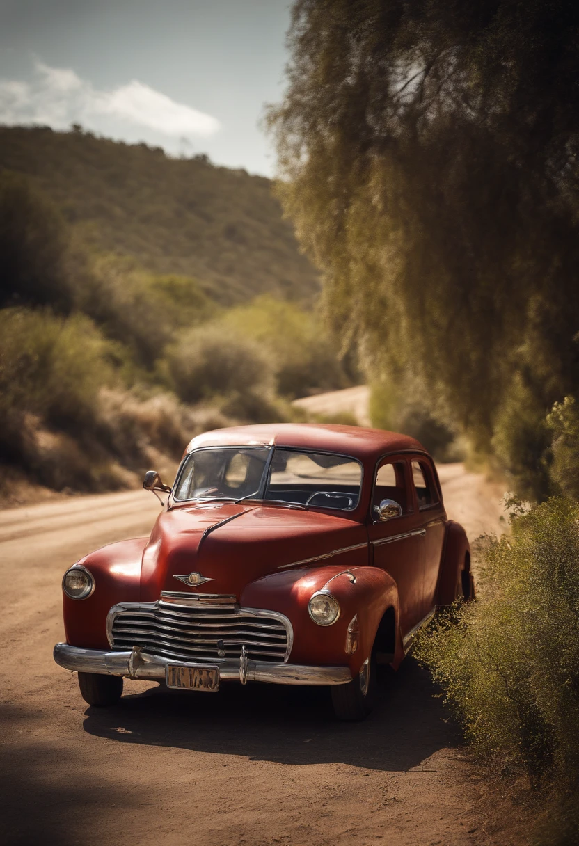 Un coche viejo en la carretera de un pueblo, Disney illustration style, colores vibrantes.