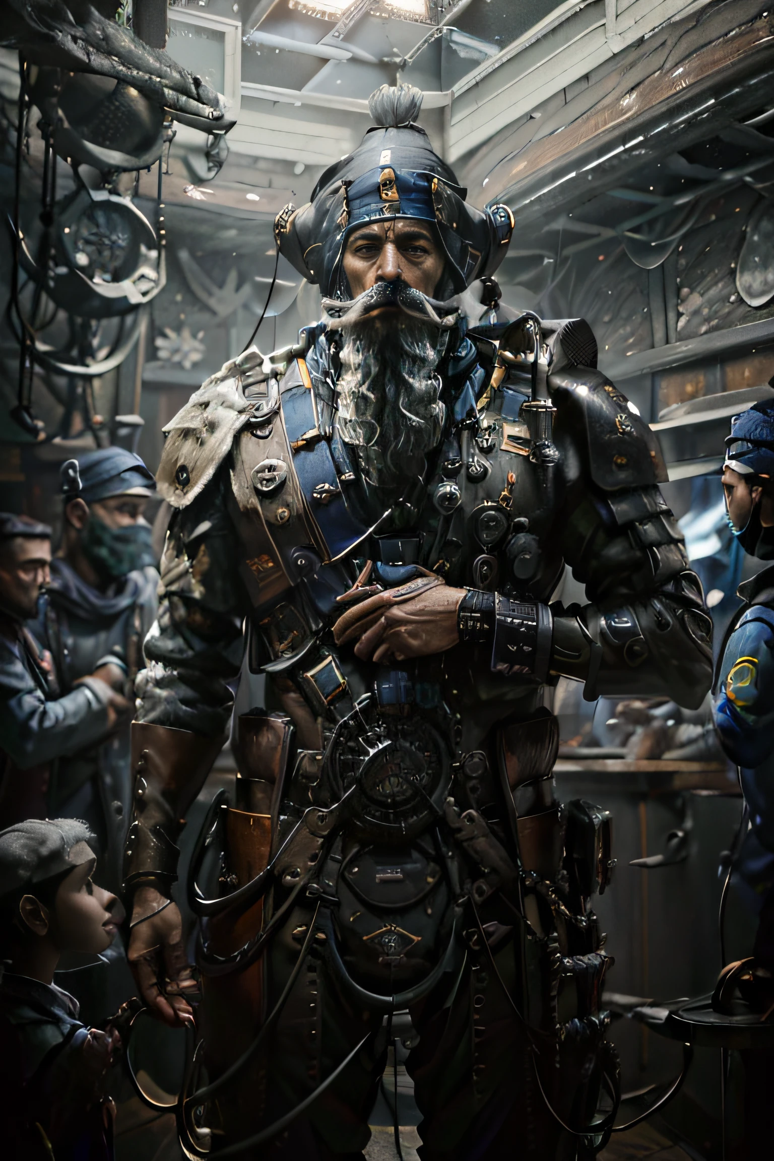 Homem, usando turbante barba branca e bigode, Uplighting:2.0,olhos e rosto detalhados, turbante tecnologico detalhado, Futuristic Arab clothes, aged appearance, sentado em uma nave espacial, using communication equipment and interacting with 3D monitors