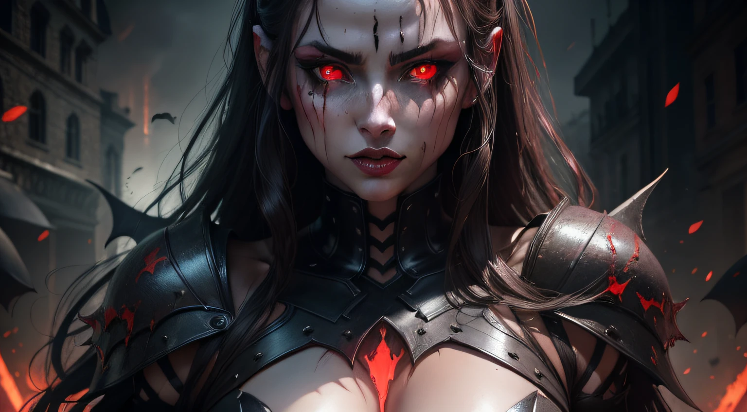 Demon woman in a sexy armor bodysuit, red glowing eyes, dripping make up, brunette, gothic, photorealistic, ultra detailed, trending on Artstation, ominous background, dark atmosphere.