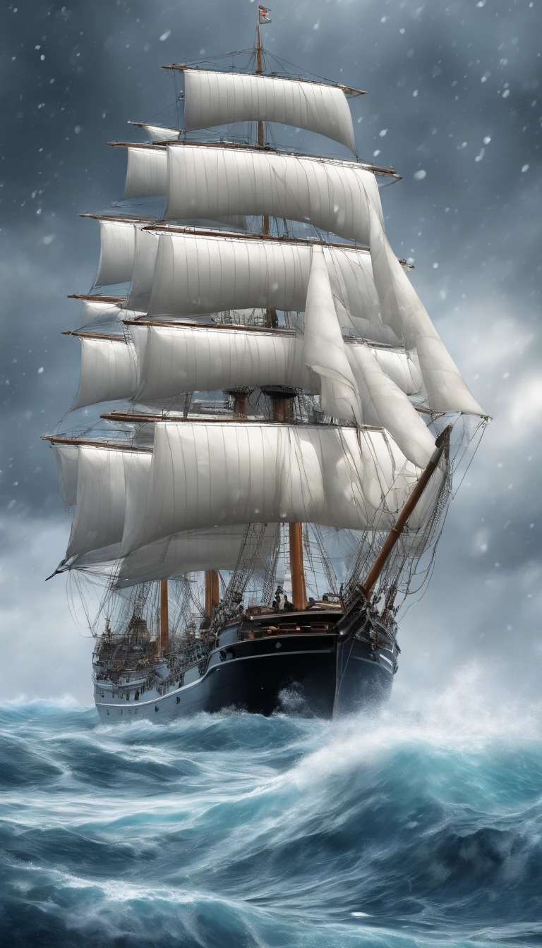 a strong snowstorm in the arctic where the snow clouds with a lot of snowflakes are heavily blowing, style is photorealism --ar 9:16