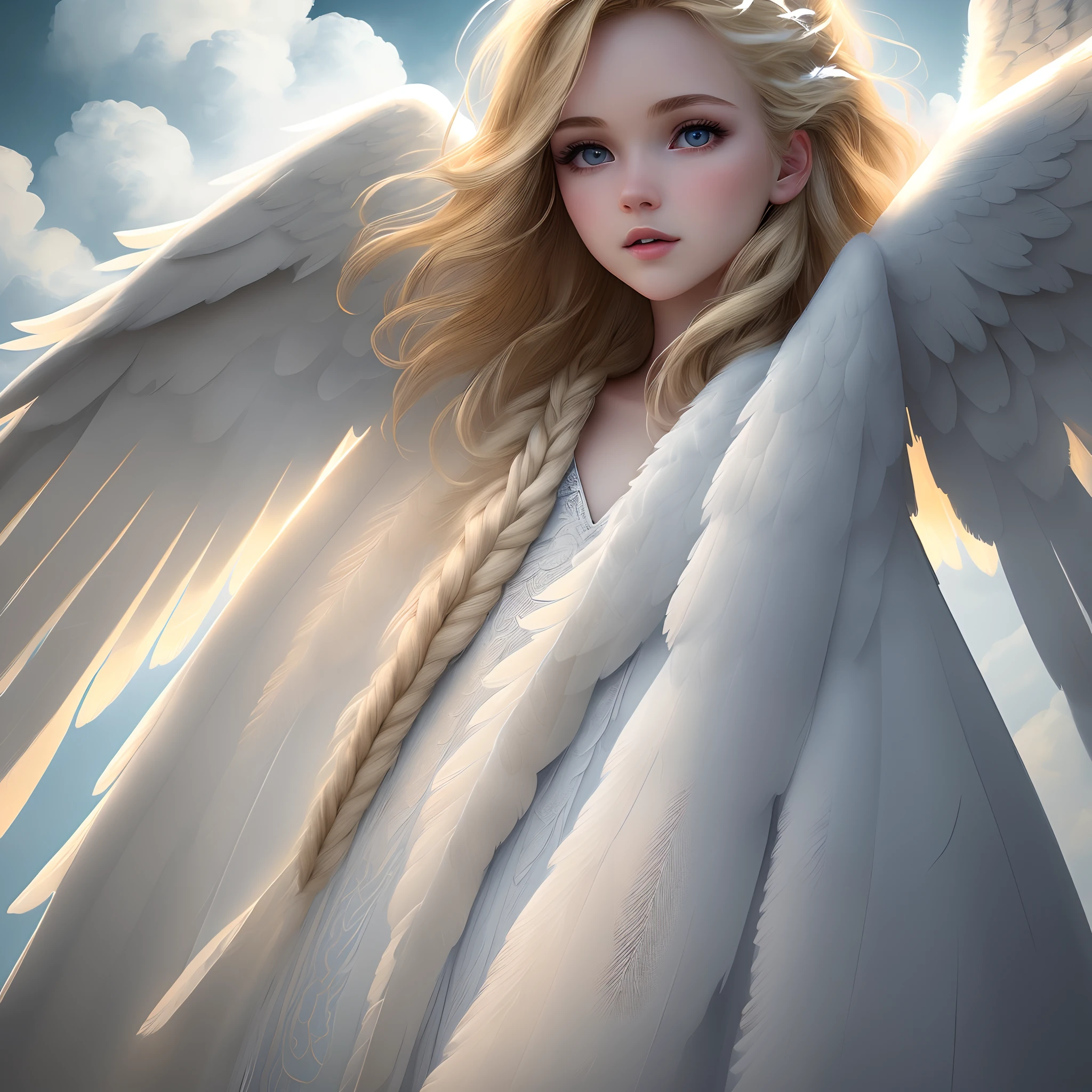 (masterpiece:1.2), best quality, (ultra-detailed:1.2), (detailed background:1.1), (beautiful detailed face:1.3), high contrast, (best illumination:1.2), (cinematic light:1.2), colorful, hyper detail, dramatic light, intricate details, (1 girl:1.1), (blond hair:1.3), (angel wings:1.2), (descending from the clouds:1.2), (dynamic angle:1.1), (flowing dress:1.2), (ethereal glow:1.2), (white feathers:1.2), (depth of field:1.1), (clouds in background:1.1), cowboy shot.