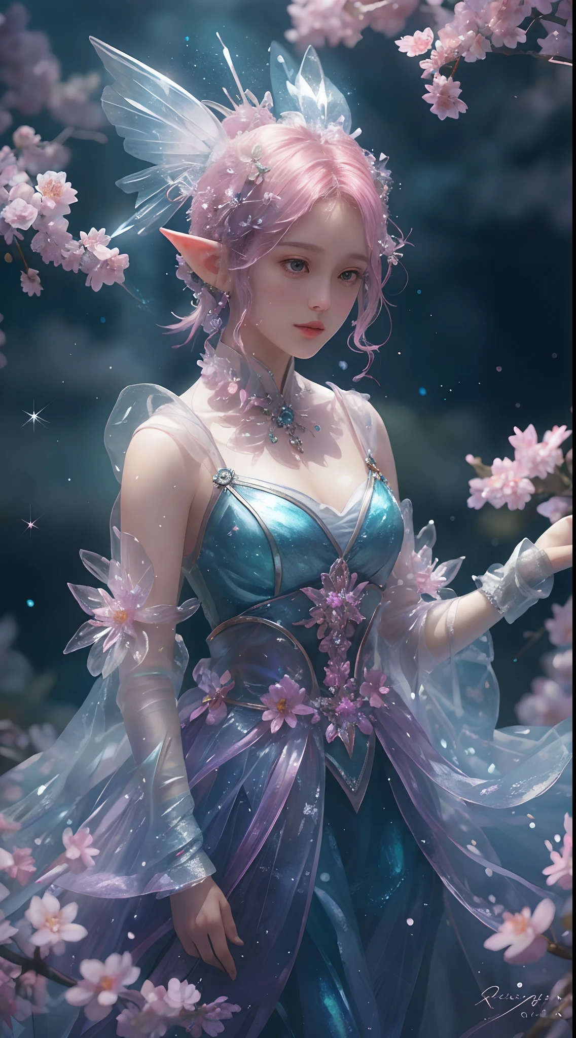 Crystal Sakura Blossom, fantasy, galaxy, transparent, glisten, elf, idyllic, colorfully, Magical Photography, dramatic light, photo realism, ultra-detail, 10, Depth of Field, high-res