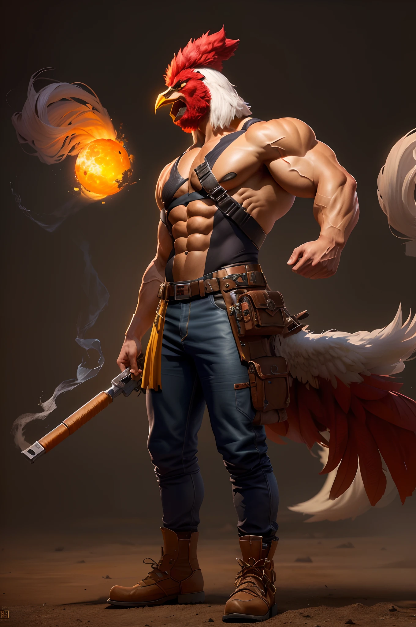 Hay gallo enojado y una metralleta en la mano, 3D render character art 8 k, Ilustraciones conceptuales de personajes en 3D, Arte de personajes 3D, Personaje del juego de lucha, Concepto de personaje de videojuego, Epic character art, amazing 8k character concept art, epic digital art illustration, Arte conceptual del personaje del juego, muscular male hero, Arte de personaje del juego, Concepto de personaje realista